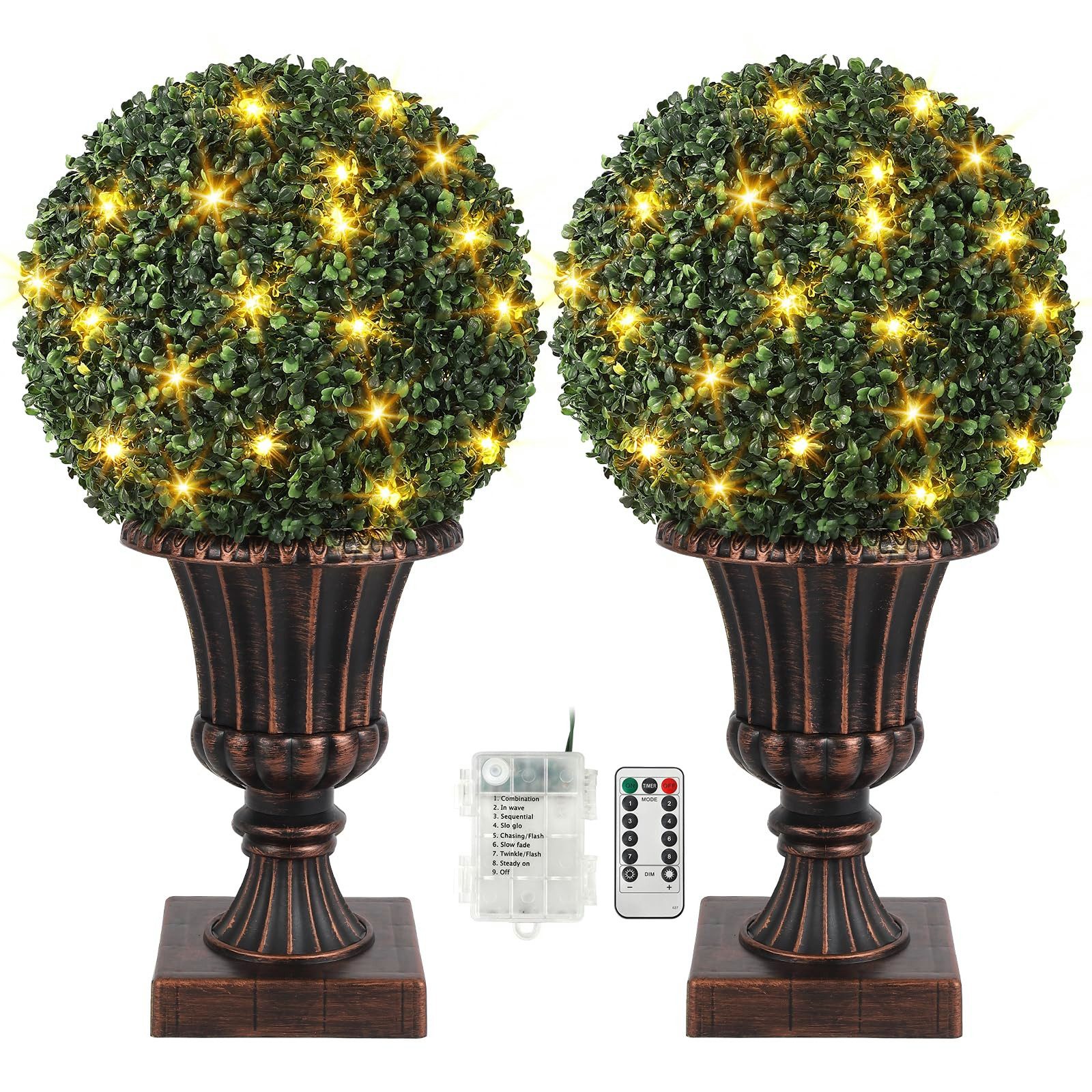 Kunstbaum 2er-Pack künstliche Buchsbaumkugeln Künstliche Zimmerpflanze Buchsbaumkugeln, GarveeMore, Höhe 68.58 cm, Kunstpflanze mit LED-Beleuchtung, UV-beständig, Waterproof, Sturdy Pot
