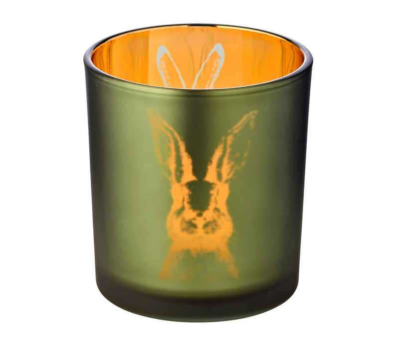 EDZARD Windlicht »Hase«, Windlicht, Kerzenglas mit Hasen-Motiv in Grün/Gold-Optik, Teelichtglas für Teelichter, Höhe 8 cm, Ø 7 cm