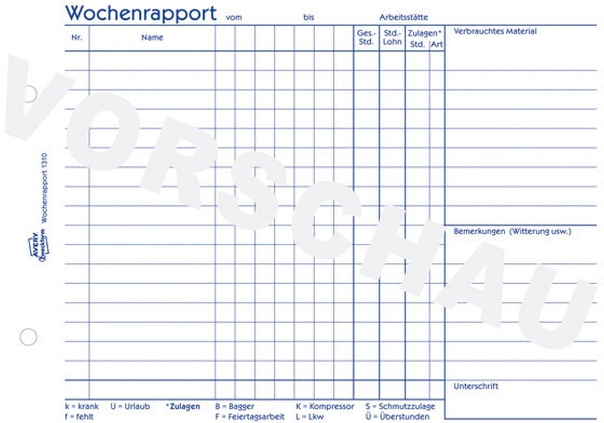 Formularblock Formularbuch Wochenrapport A5 VE=100 Blatt