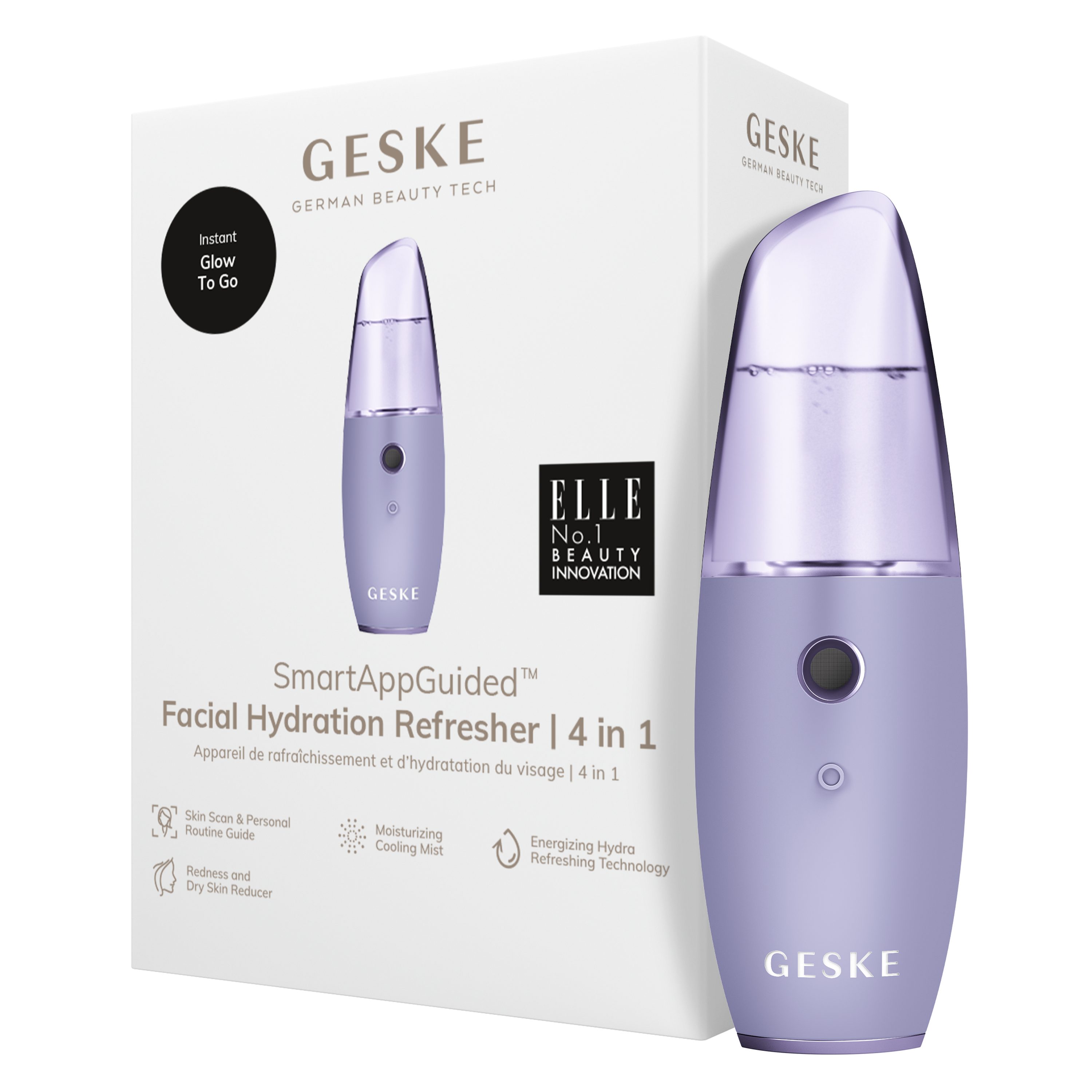 GESKE German Beauty Tech Enhancer SmartAppGuided™ Facial Hydration Refresher 4 in 1, Packung (Gerät & USB-Ladekabel), 2-tlg., Gerät inkl. kostenloser APP (SmartAppGuided Device), Mit der GESKE App erhältst Du deine personalisierte Hautpflegeroutine. Purple