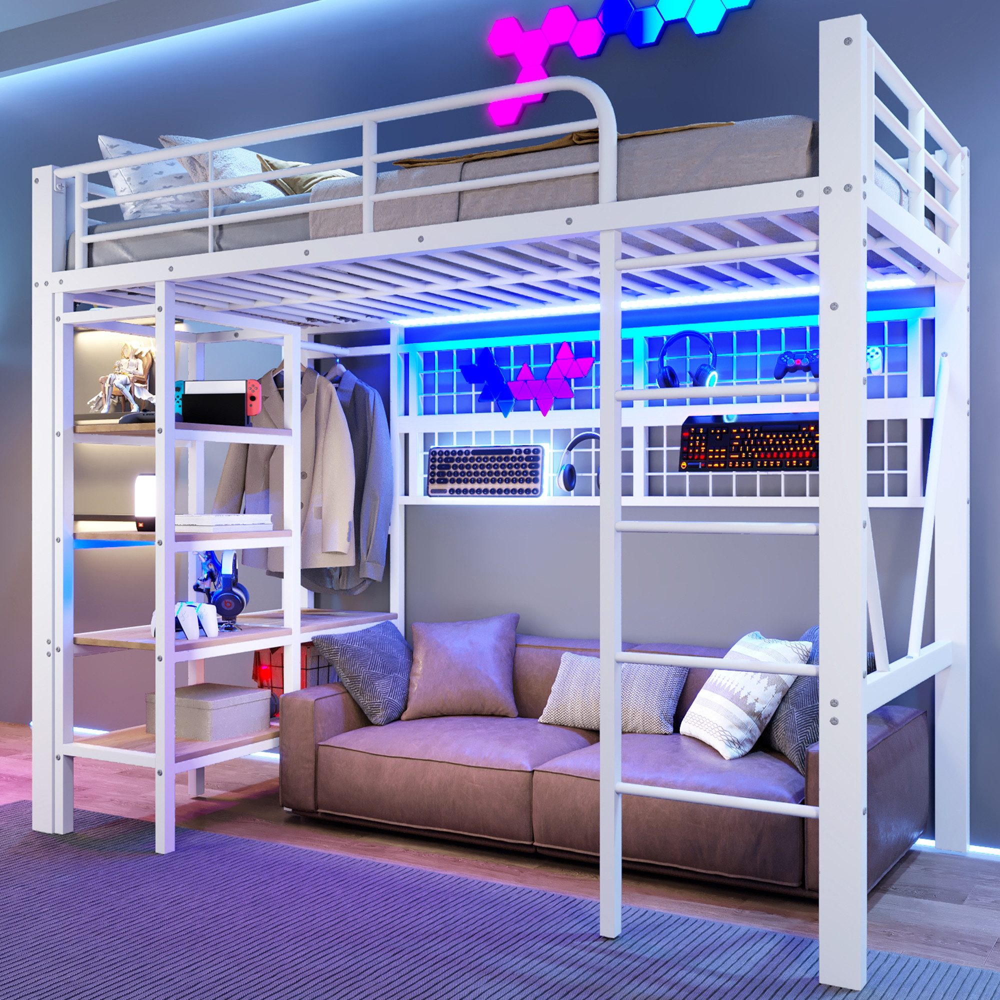 OKWISH Hochbett Jugendbett Funktionsbett (mit Eisenrahmen, LED-Lichtleiste, Ablagefach, Kleiderstange und offenem Raum unter dem Bett, 90x200 cm) ohne Matratze