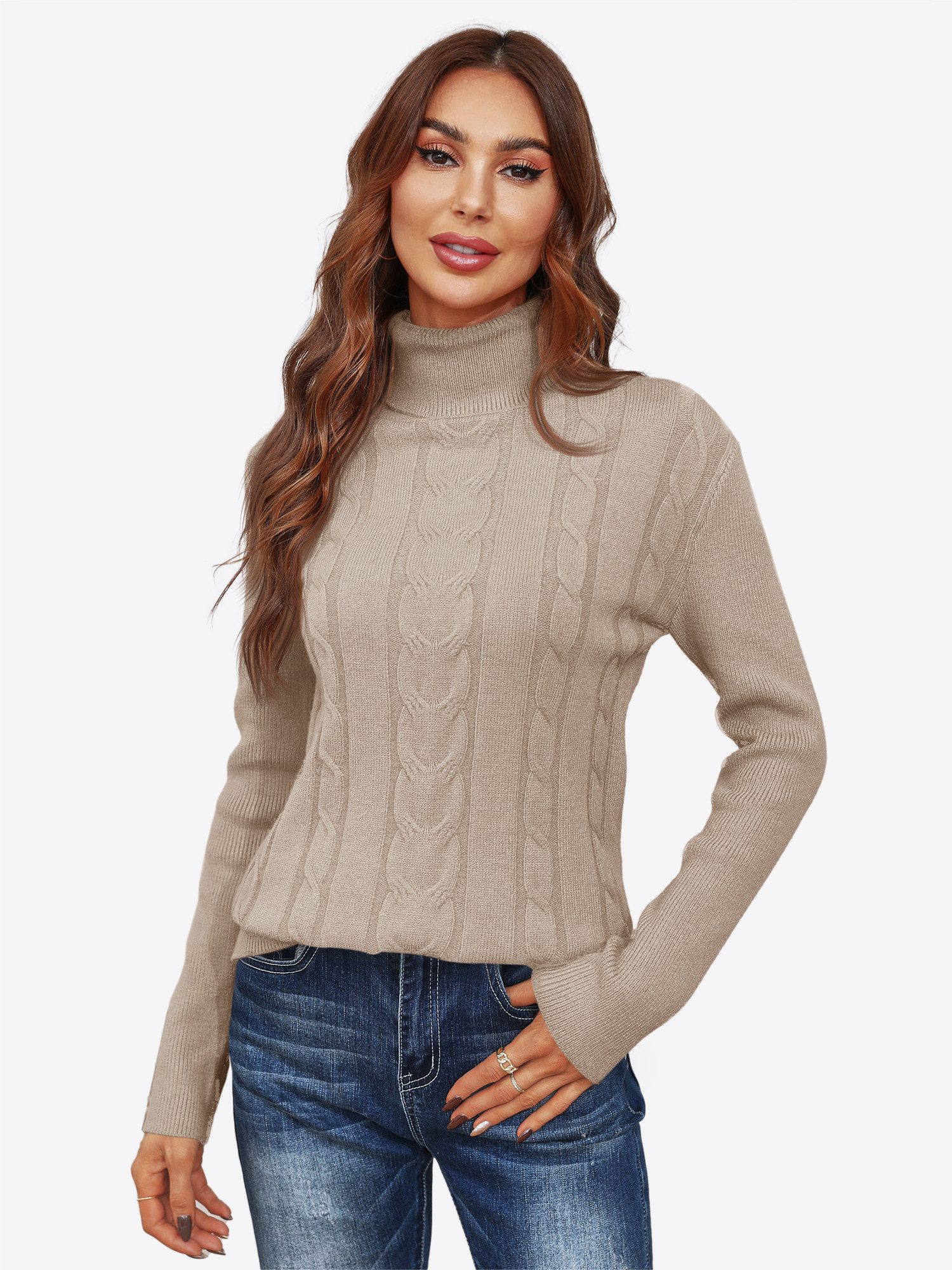 Imily Bela Sweater Damen Rollkragenpullover mit Zopfmuster und langen Ärmel günstig online kaufen