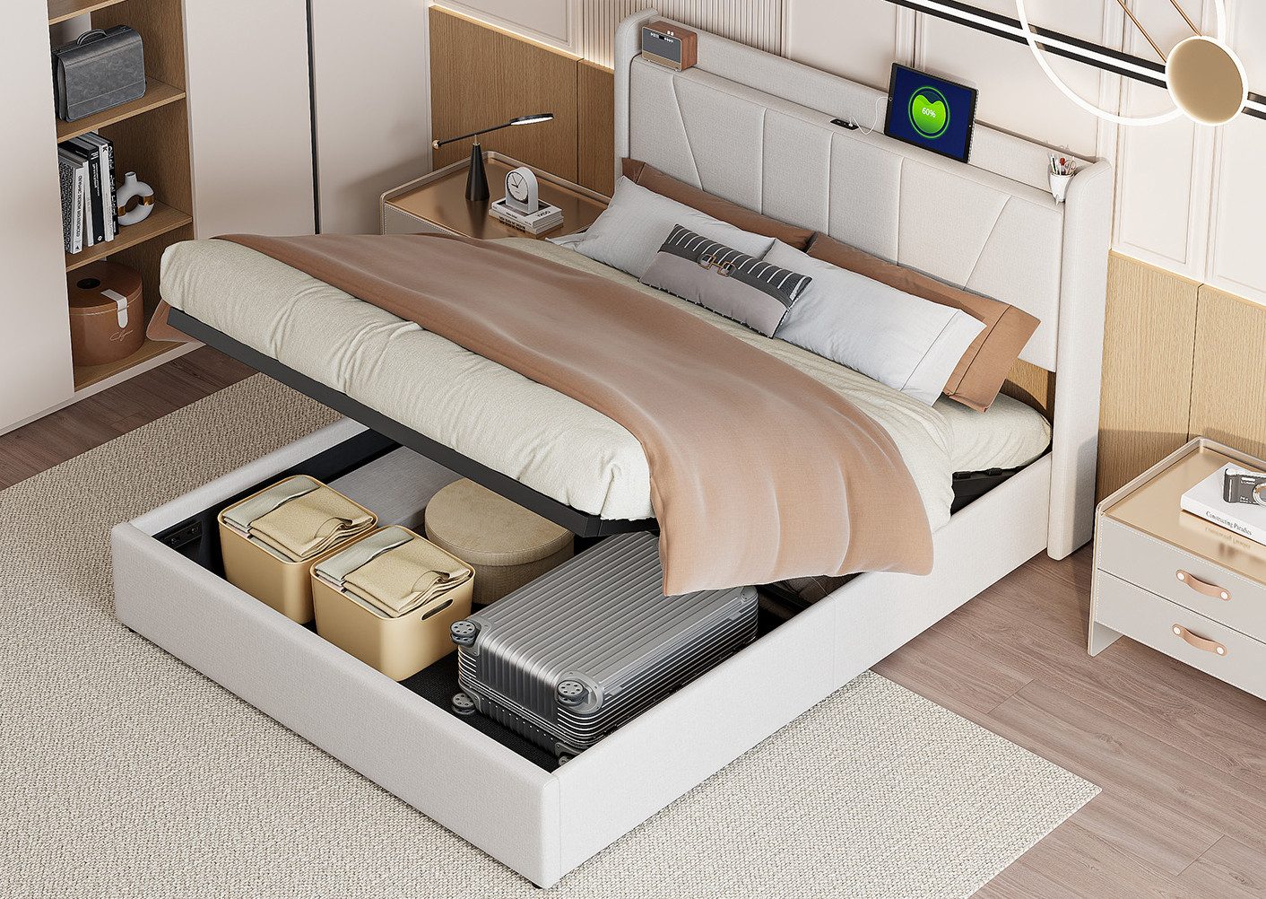 ADWOLT Polsterbett Doppelbett Stauraumbett Hydraulisch anhebbarer mit USB+TypeC, 160x200 cm,Gepolstert,Speicherfunktion,Beige,Leinenmaterial