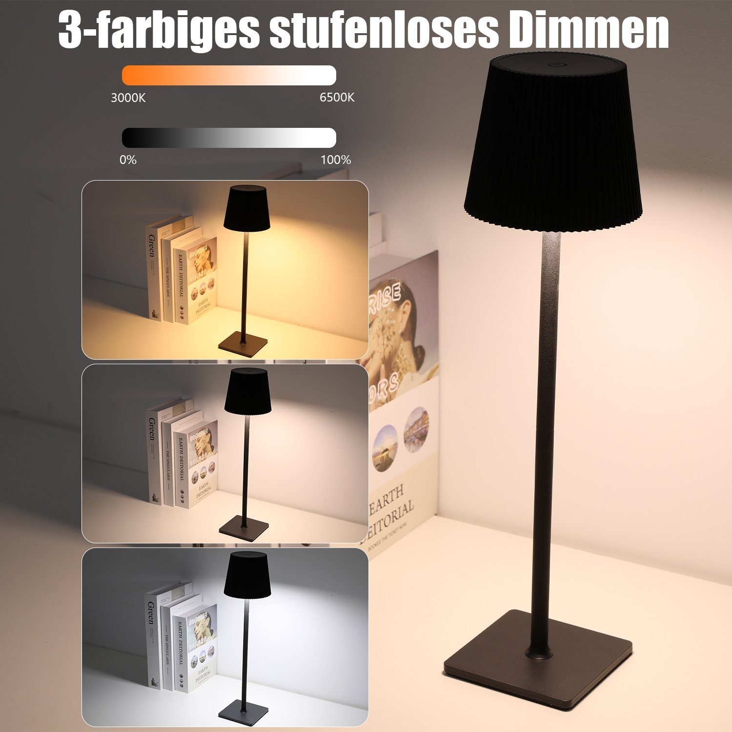 integriert, Café mit USB-C, fest Abnehmbar Schlafzimmer Esszimmer Tischleuchte 8000-mAh-Akku, LED Tischlampe, LED Kabellose LED Eisen Tischlampe Schwarz Touch-Dimmen oyajia Tischlampe Kaltweiß/Naturweiß/Warmweiß, für Wiederaufladbarer