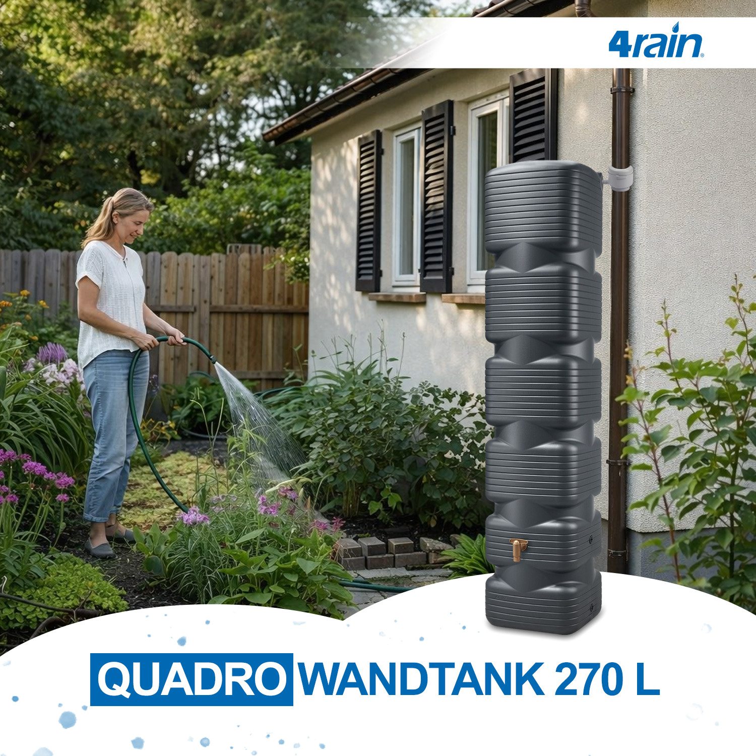 4rain Regentonne QUADRO Wandtank 270 Liter graphite grey, 270 l – Bild 2 von 5