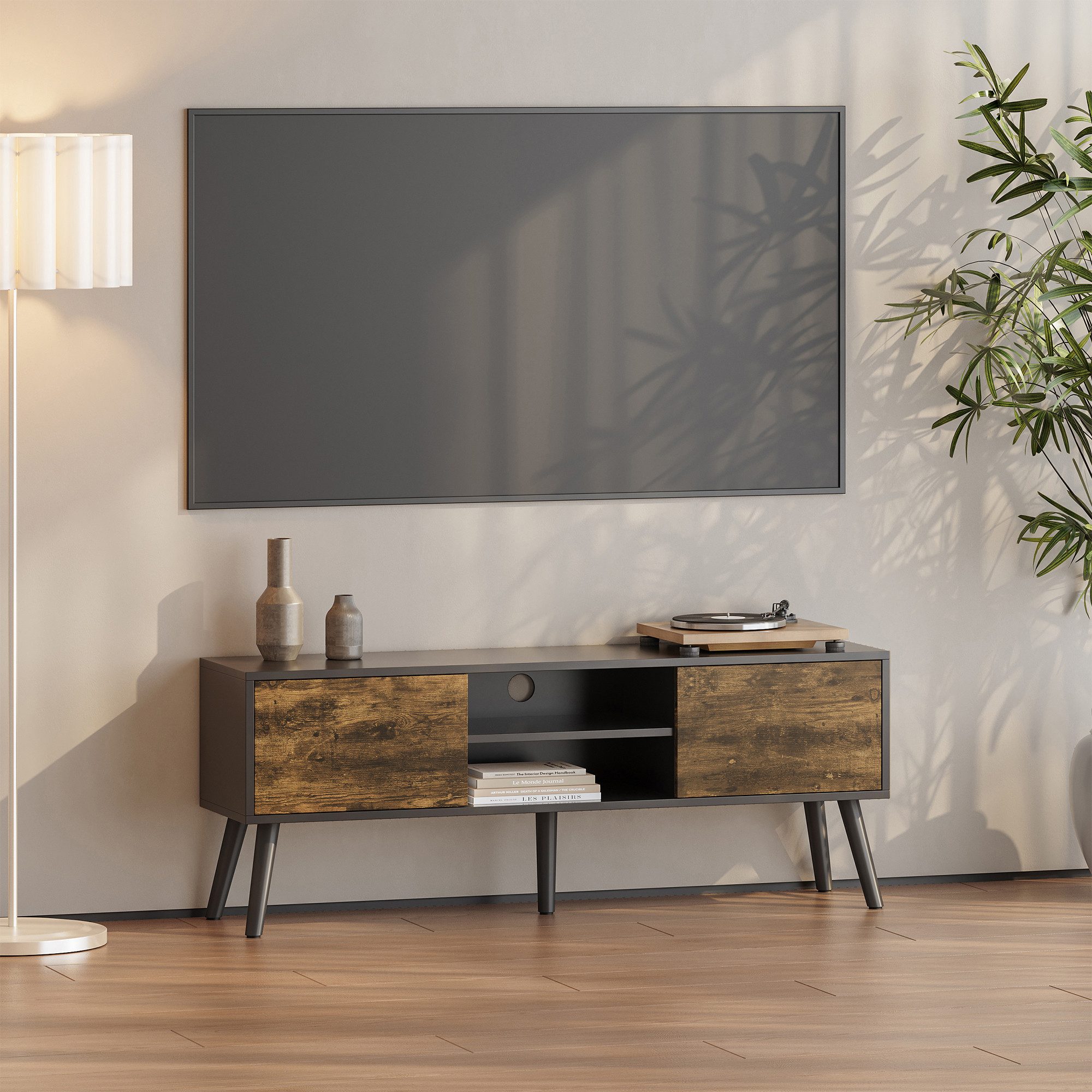 en.casa Lowboard, »Eskilstuna« Fernsehtisch 120x29,5x46,5cm Schwarz / Dunkler Holzton