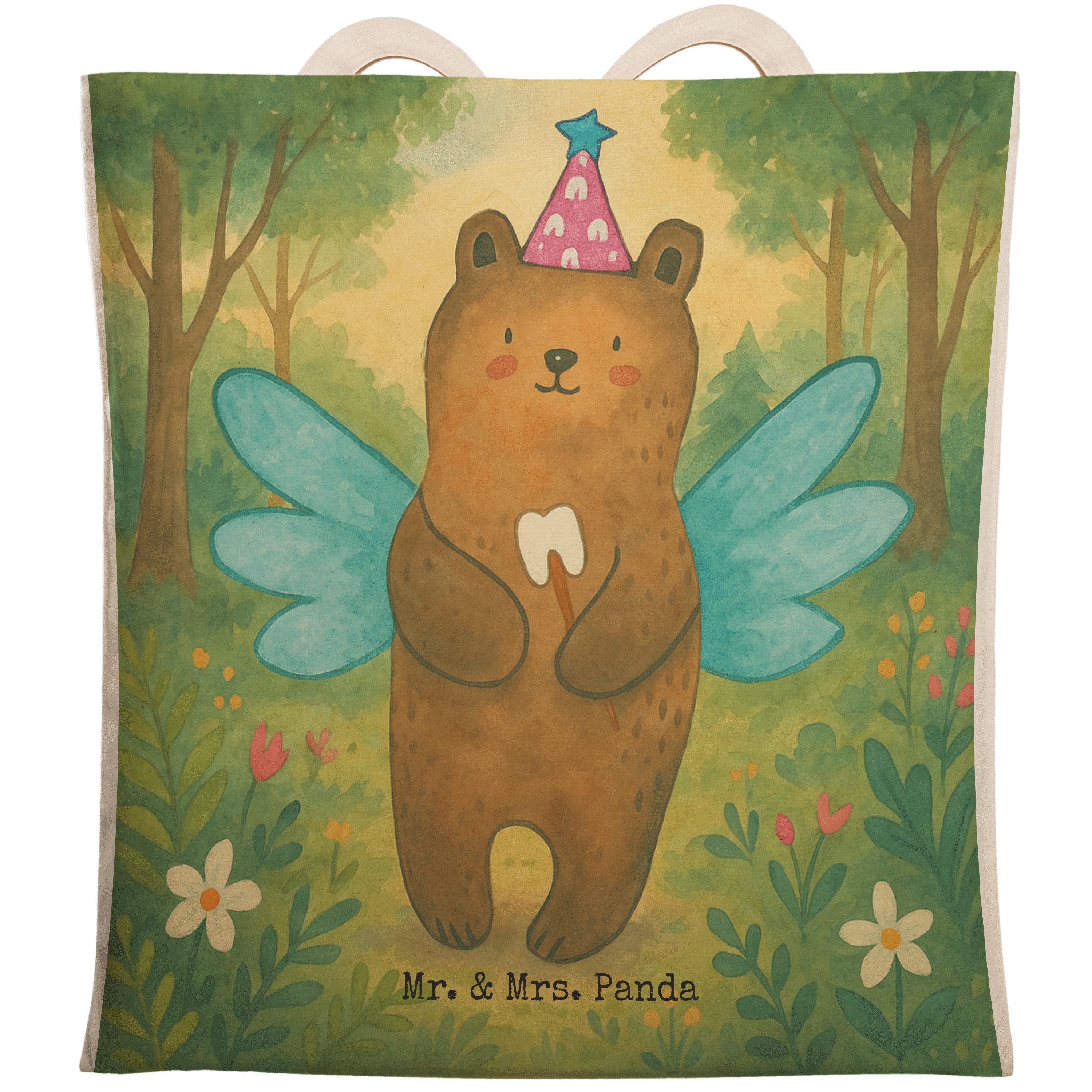Tragetasche Bär Zahnfee Design, Stoffbeutel, Weiß, Milchzahn, Tote Bag, Fee, Beut