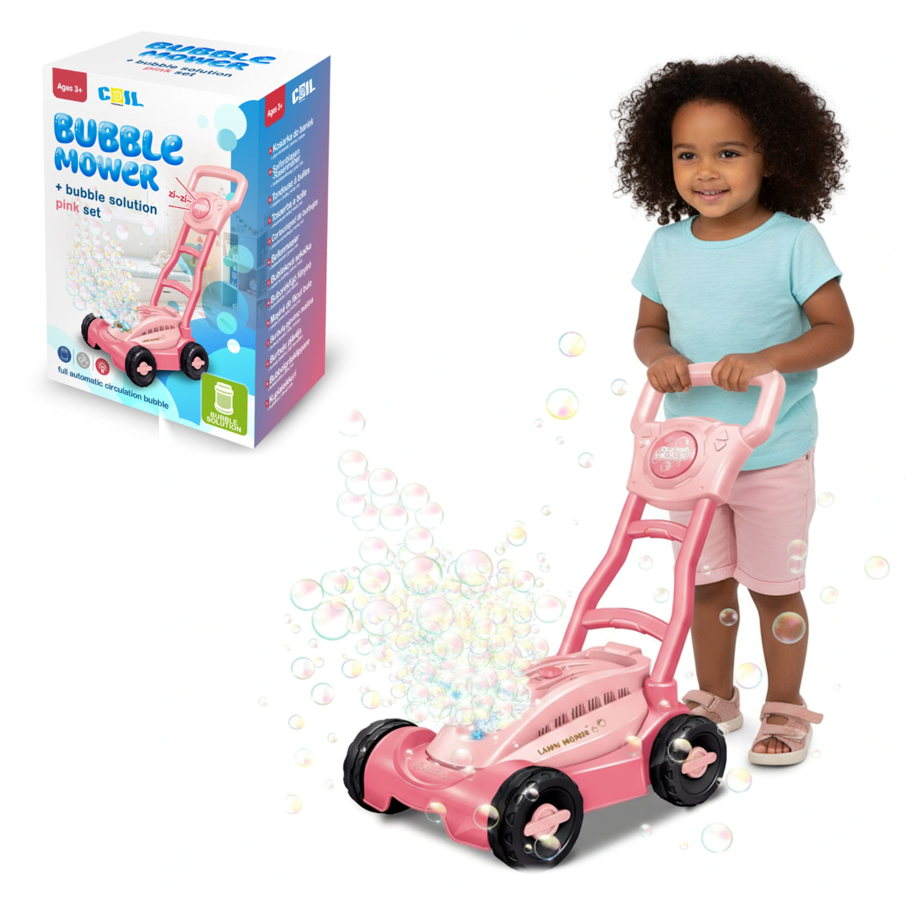 COIL Seifenblasenspielzeug Kinder Seifenblasen-Rasenmäher mit Licht & Sound – für Garten, 13 Löcher, 35.000 Blasen pro Minute, Schröpfflüssigkeit 80 ml