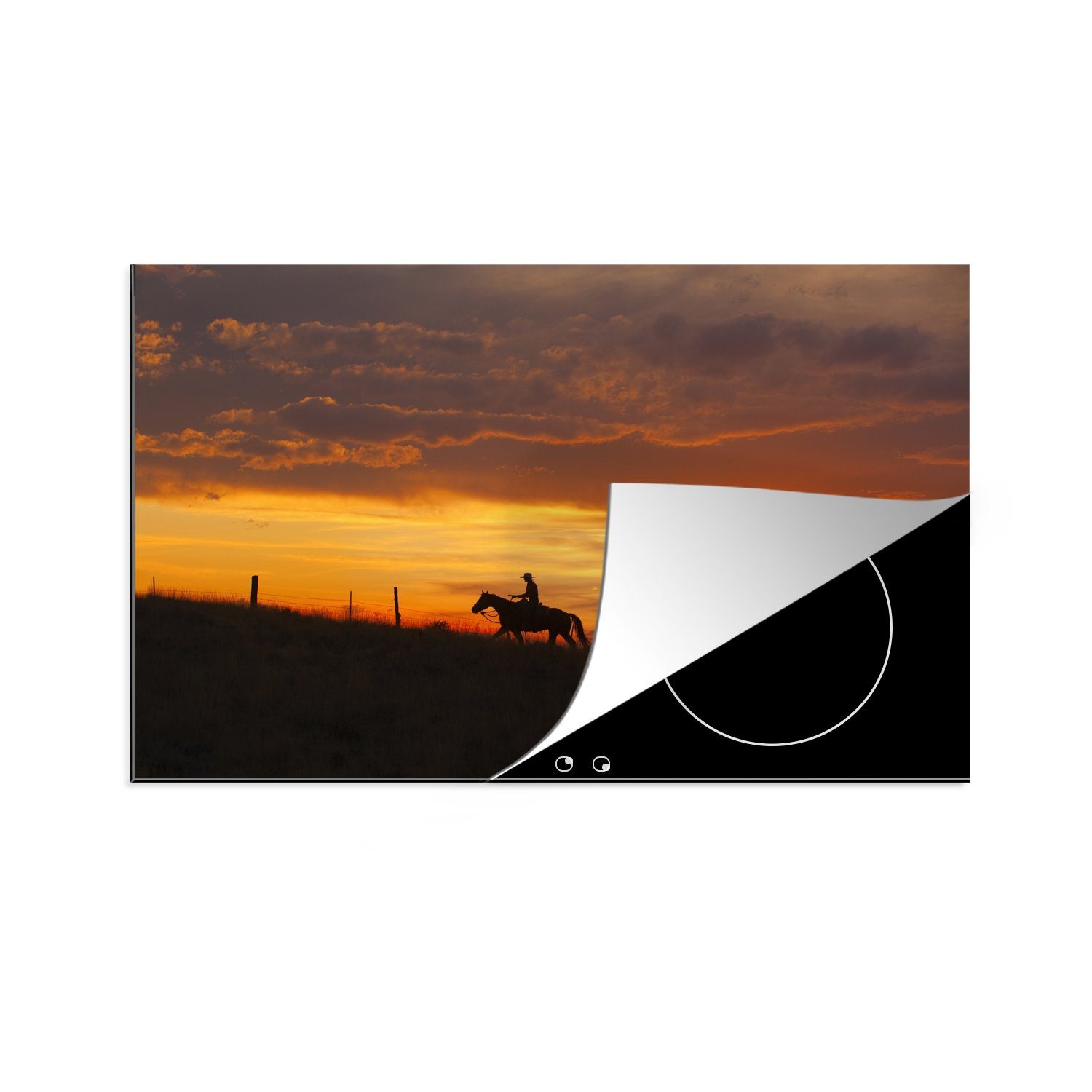 MuchoWow Herdblende-/Abdeckplatte Drei Cowboys vor einem orangefarbenen Himmel, Vinyl, (1 tlg), 81x52 cm, Induktionskochfeld Schutz für die küche, Ceranfeldabdeckung