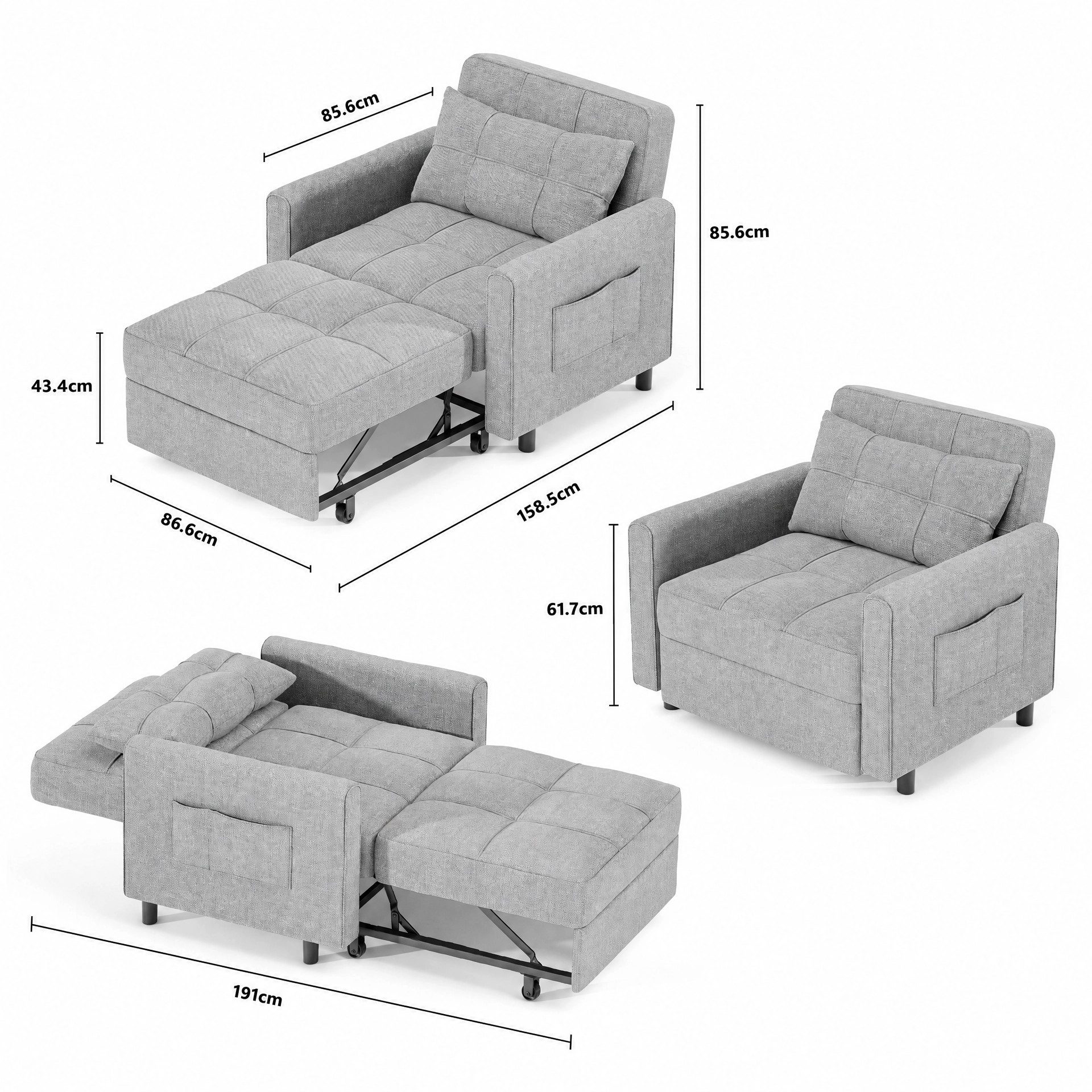 Blishom Sessel Ausziehbarer Schlafsessel 3-in-1, platzsparend, für Gästezimmer (Relaxsessel mit Hocker), die Rückenlehne lässt sich in vier Stufen verstellen