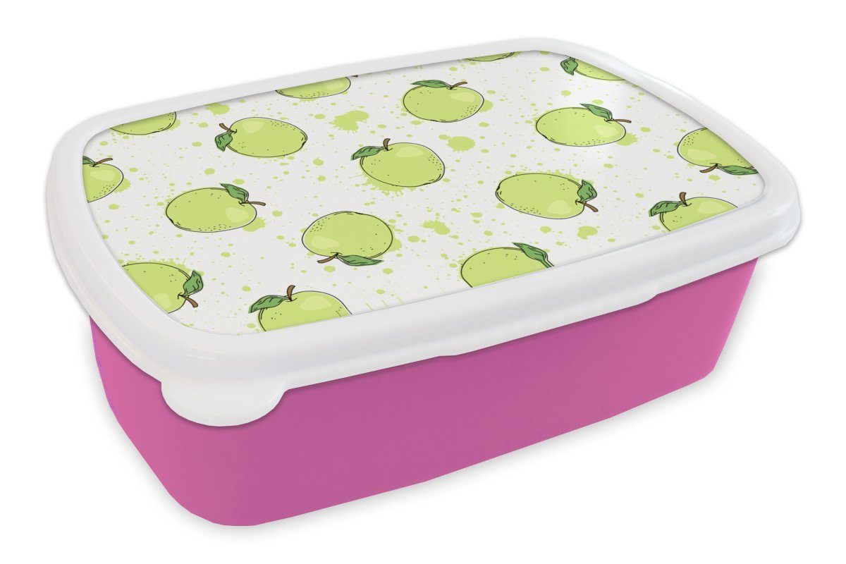 MuchoWow Lunchbox Aquarell - Apfel - Grün - Muster, Kunststoff, (2-tlg), Brotbox für Erwachsene, Brotdose Kinder, Snackbox, Mädchen, Kunststoff rosa