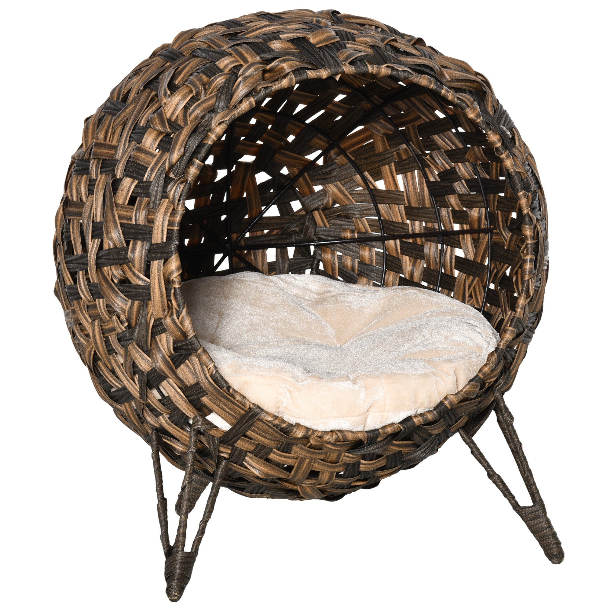 PawHut Tierhaus Katzenhaus aus Rattan mit Kissen Katzenhöhle mit erhöhten Füßen, Braun, Ø52 x H58 cm