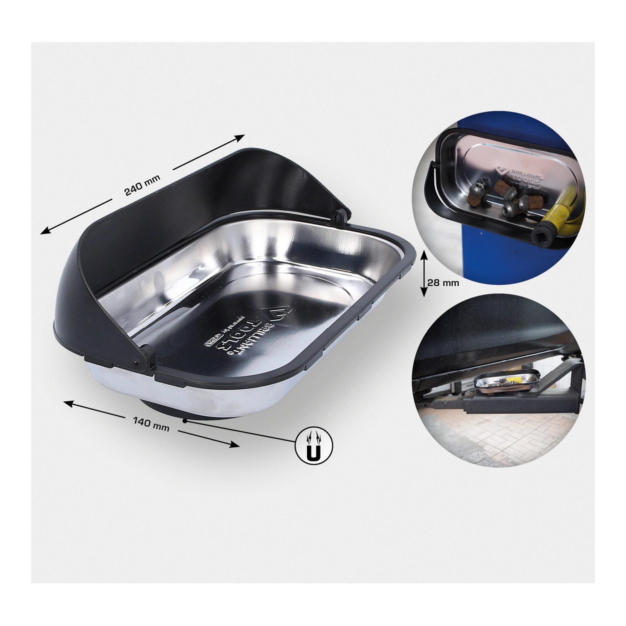 Brilliant Tools Werkstattwagen Brilliant Tools Magnetisches Tablett / Schale aus Edelstahl mit Auffan