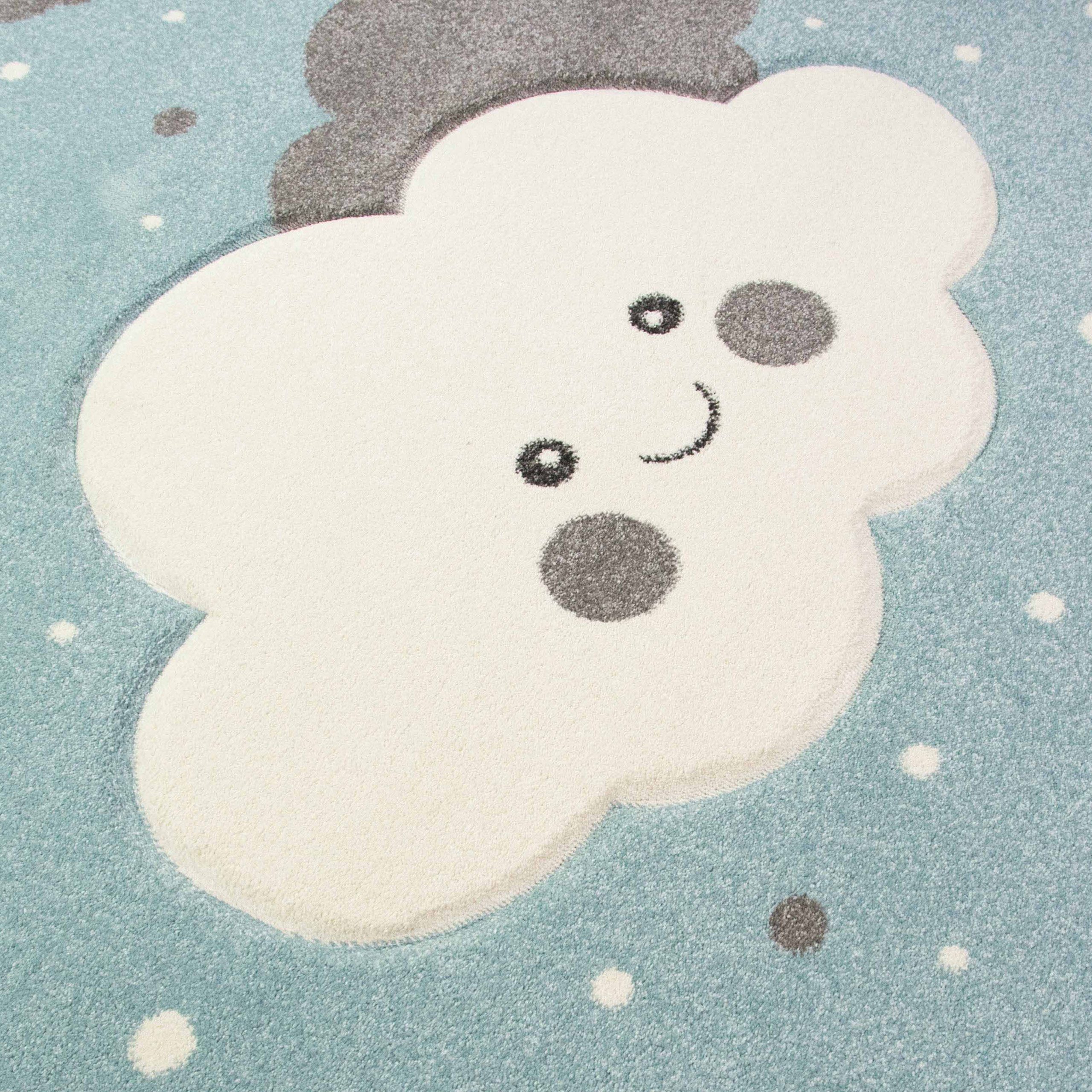TeppichHome24 Kinderteppich Teppich für Kinder mit Wolken in Blau, rund, Höhe: 10 mm