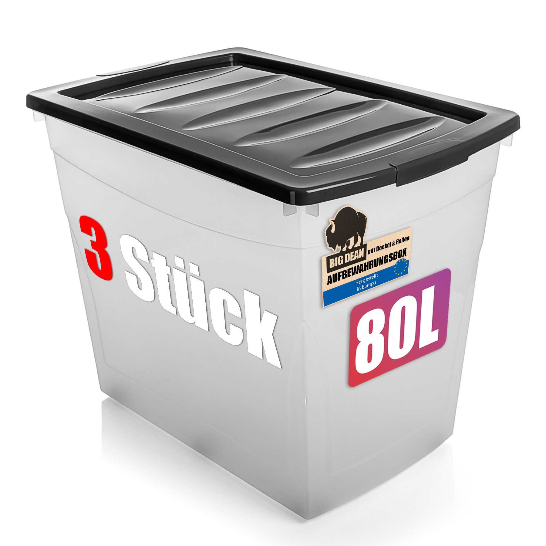 BigDean Aufbewahrungsbox 3x 80 L Aufbewahrungsbox mit Deckel und Rollen groß Budget Line (Set, 3 St., Aufbewahrungsbox mit Deckel), Durchdacht, Praxisnahes Design, Stapelbar
