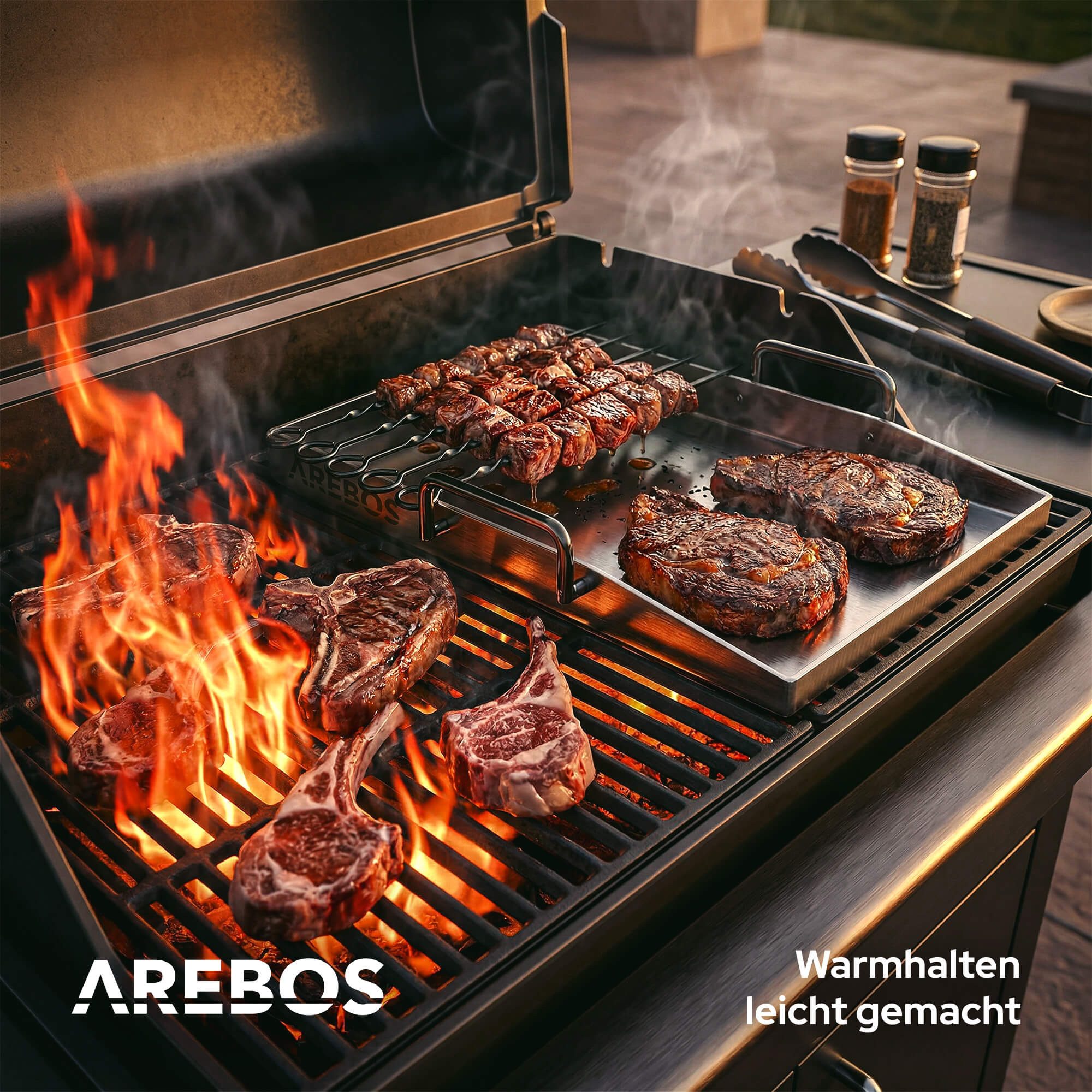 Arebos Grillplatte Edelstahle Grillplatte 40x30 cm Plancha für Gas & BBQ (Set), Fettablauf, versiegelte Kanten, inkl. Zubehör, vielseitig einsetzbar – Bild 5 von 5