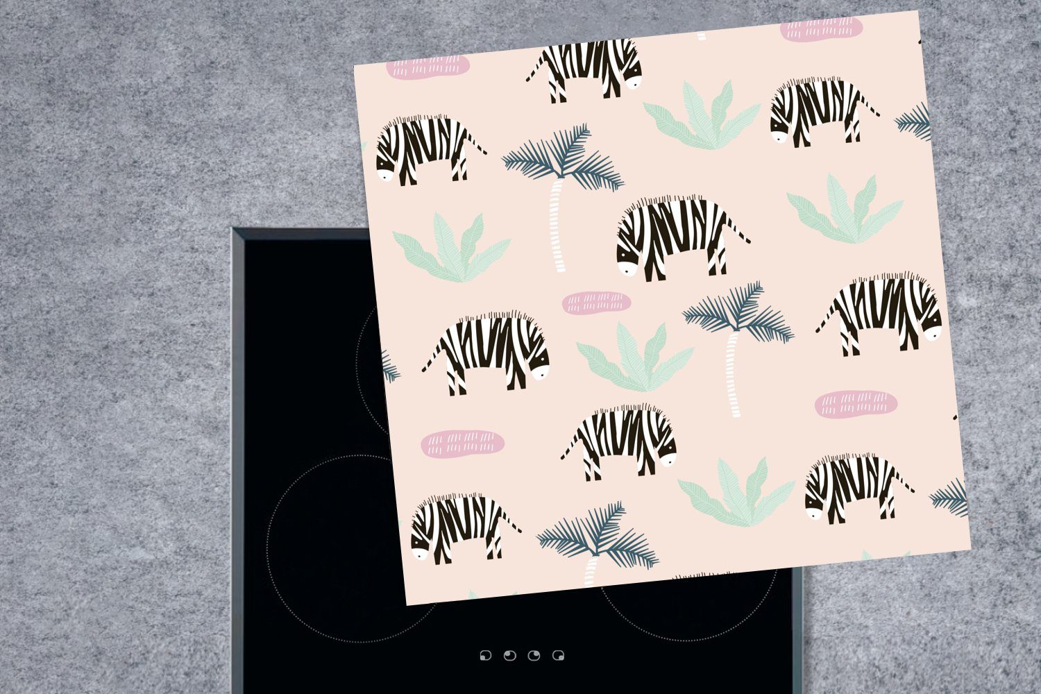 für 78x78 - Ceranfeldabdeckung, - Vinyl, tlg), Arbeitsplatte Palme - küche Muster, MuchoWow cm, Herdblende-/Abdeckplatte Pastell Zebra (1