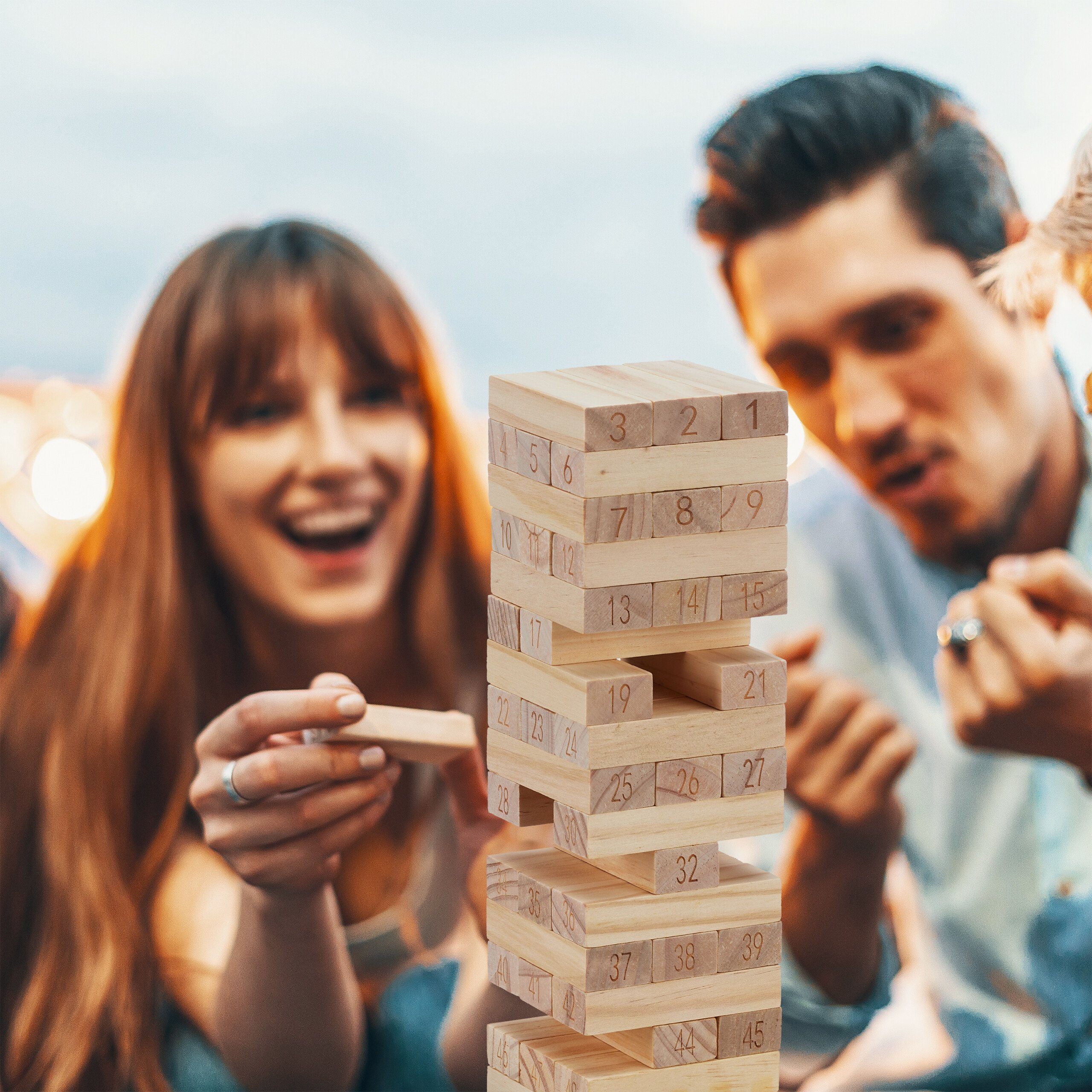 relaxdays Stapelspielzeug Wackelturm Holz mit Zahlen, (Turmspiel-Set, 53-tlg)