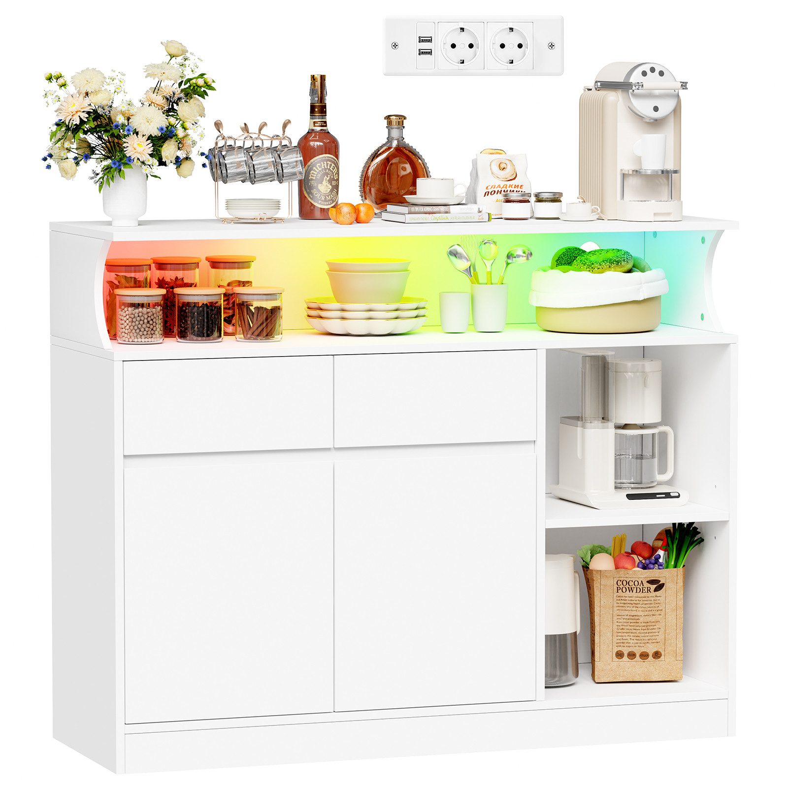 BEWISHOME Sideboard Küchenmöbel, mit Ladestation und LED-Beleuchtung, weiß (1 St), Beleuchtet und mit Steckdosenleiste