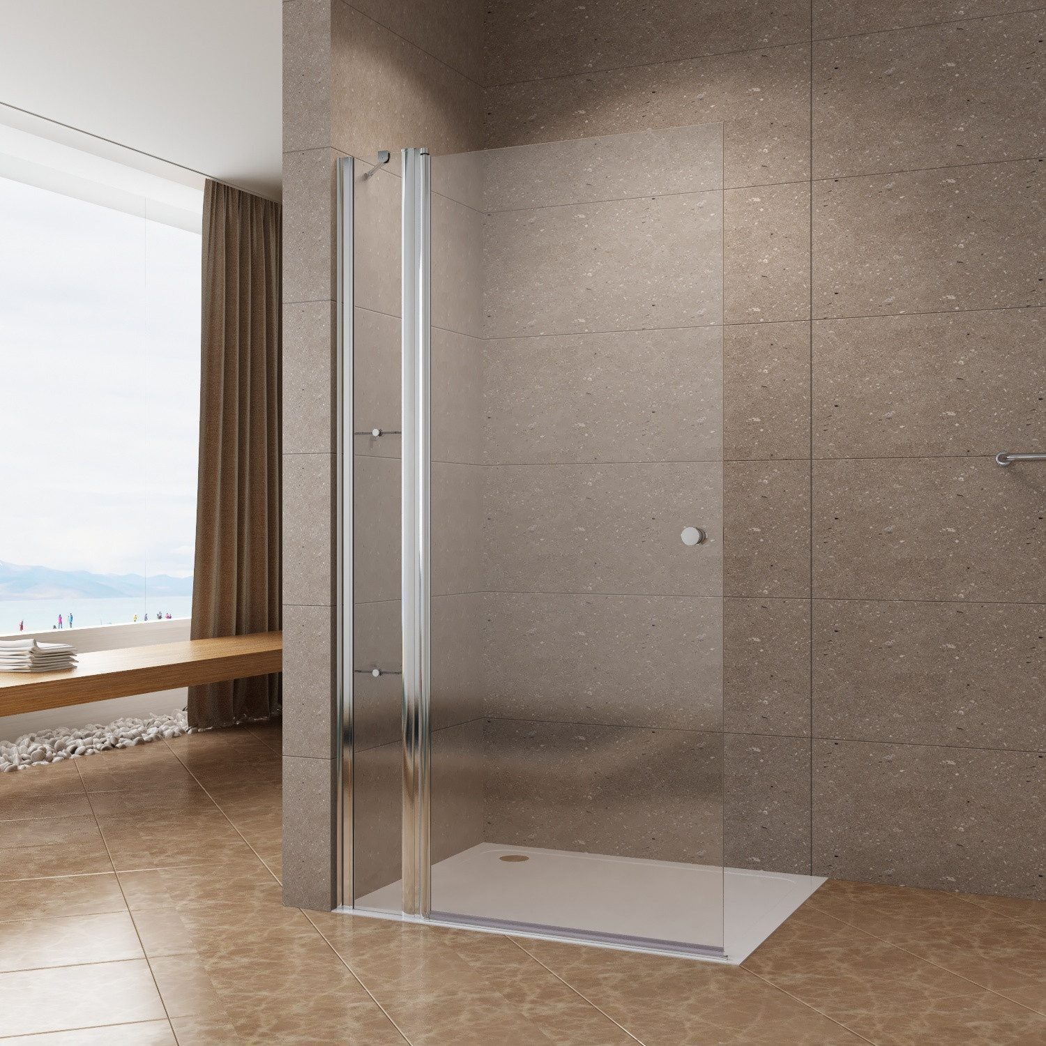 AQUABATOS Duschwand Duschabtrennung Glas Walkin Dusche Drehtür begehbare Dusche, Glaswand Echtglas mit Festteil und Duschablage, ohne Magnetprofil