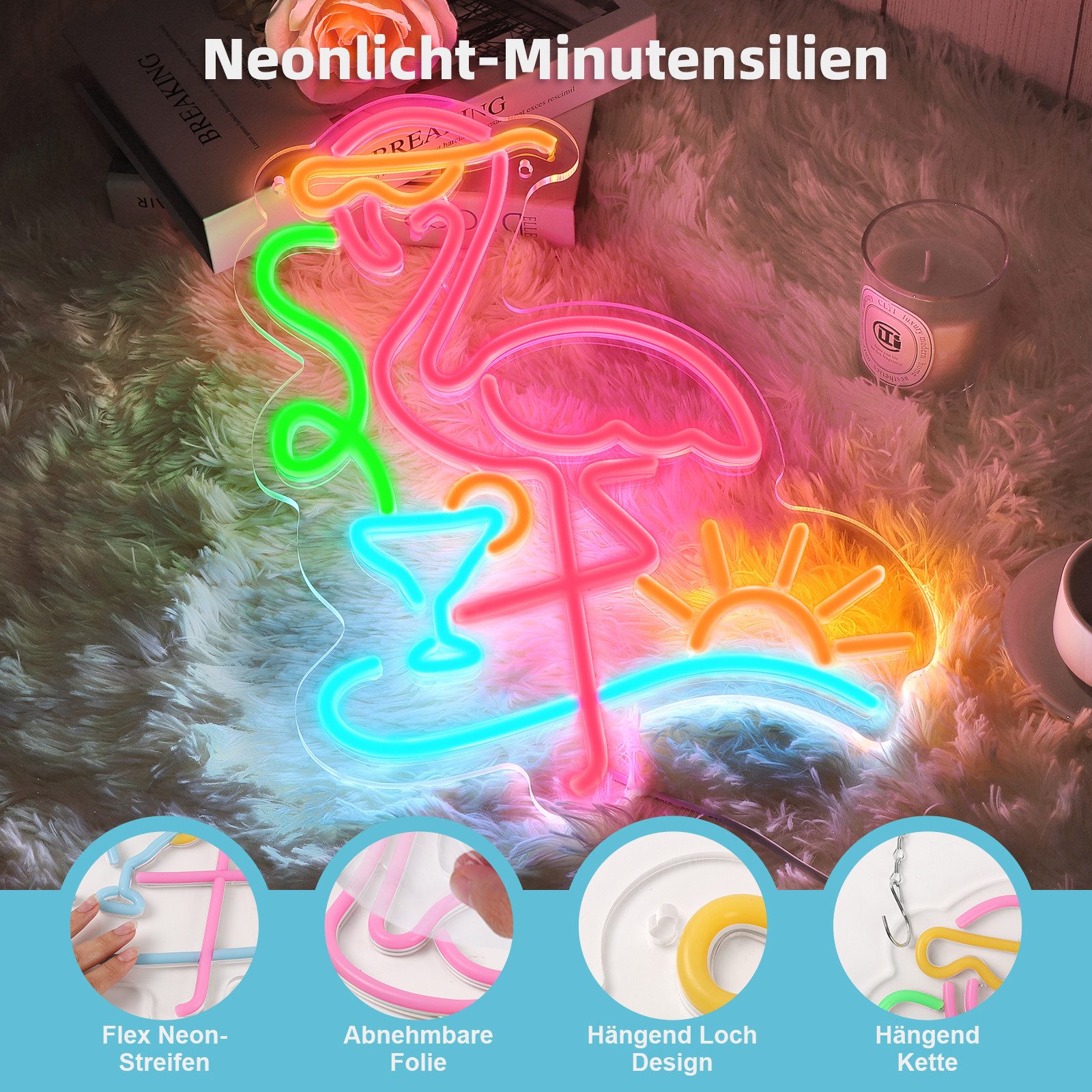 MUPOO LED Dekolicht LED Flamingo Neonschild dimmbar,Rosa Flamingo Cocktails Neon Schilder, 5 Helligkeitsstufen + Batterie Box, Tropisches LED-Neonlicht, 5 Helligkeitsstufen,mit Batterie Box