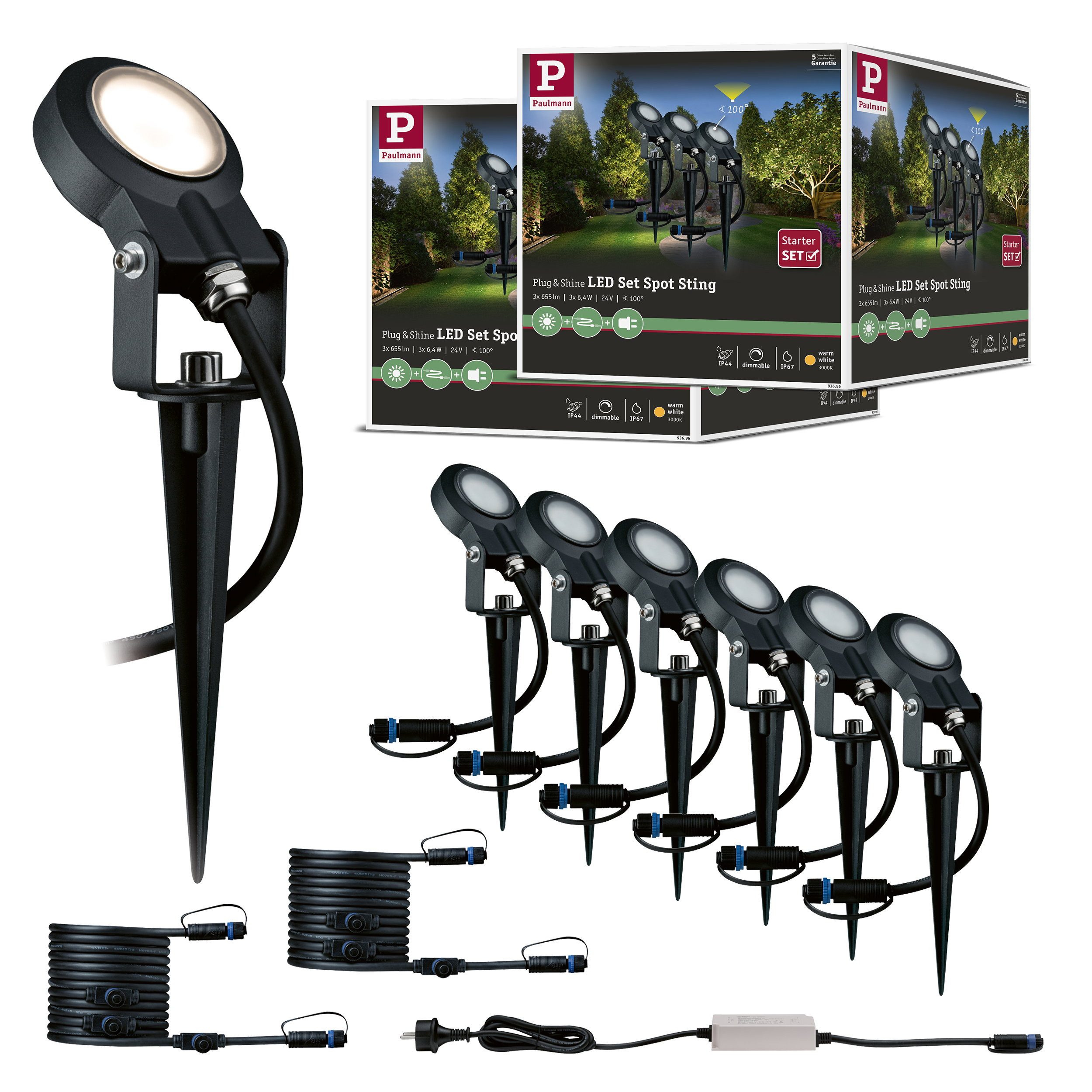 Paulmann LED Wandleuchte Set Plug & Shine LED Gartenstrahler Sting 6er-Set IP67 rund 52 mm 3000