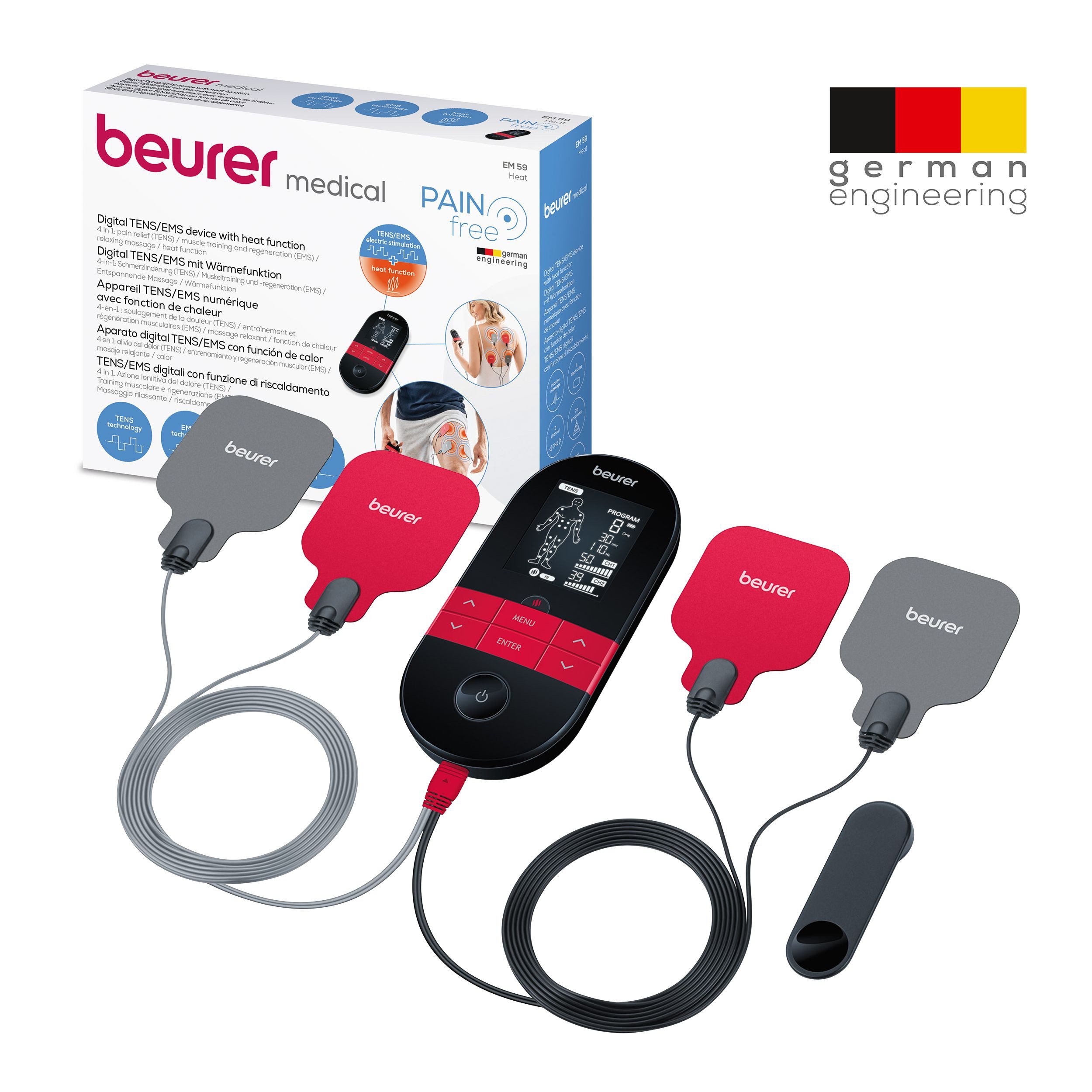 BEURER TENS-EMS-Gerät EM 59 Heat, Reizstromgerät mit Wärmefunktion und 4 Elektroden, 3-in-1: TENS (Schmerzlinderung), EMS (Muskelstimulation) und Massage