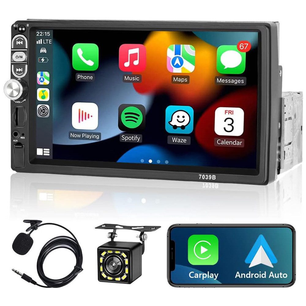 Hikity 1 DIN Autoradio mit Carplay/Android 7" Touch Bluetooth Autoradio (Android Auto, Apple CarPlay, Eingebautes Bluetooth, GPS-Navigation)