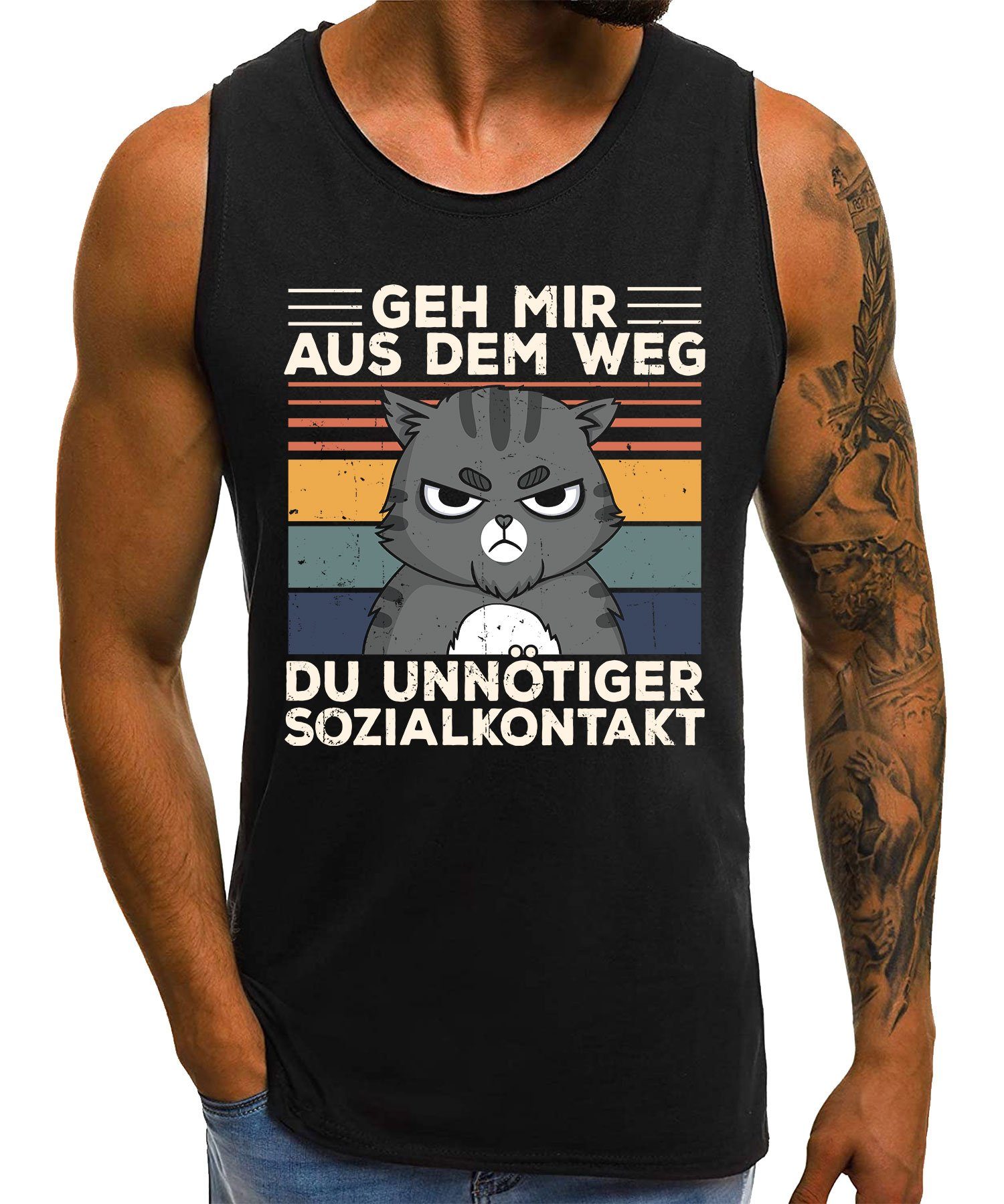 Unnötiger Statement Herren - (1-St) Lustiger Formatee Achselhemd Katze Spruch Quattro Tank- Sozialkontakt