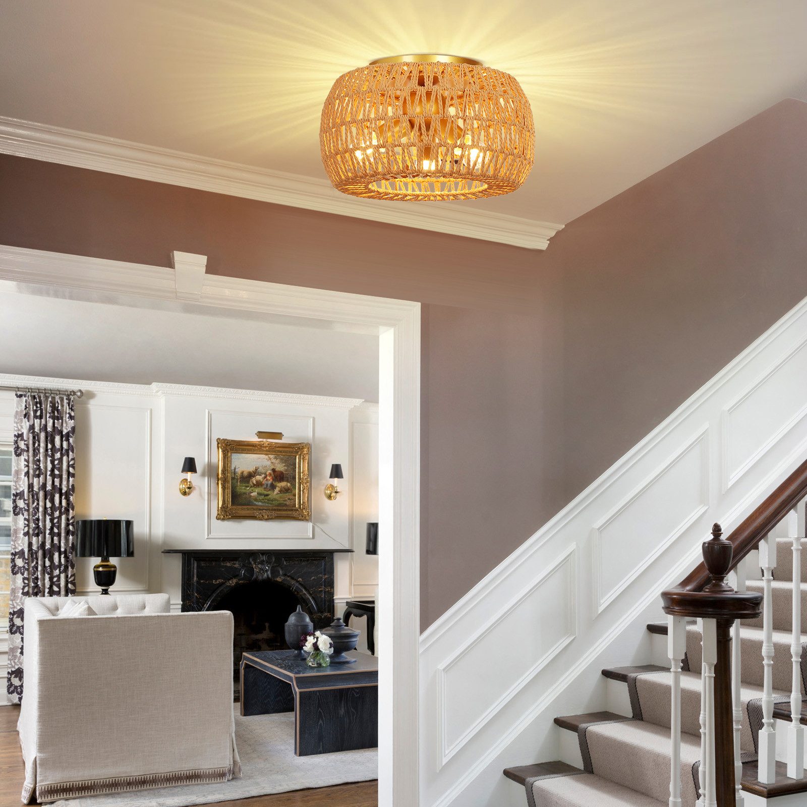 Lapalife LED Deckenleuchte Boho Rattan Deckenlampe 3-flammig, Handgewebter Lampenschirm, E27, Hängelampe, für Wohnzimmer Schlafzimmer Küche