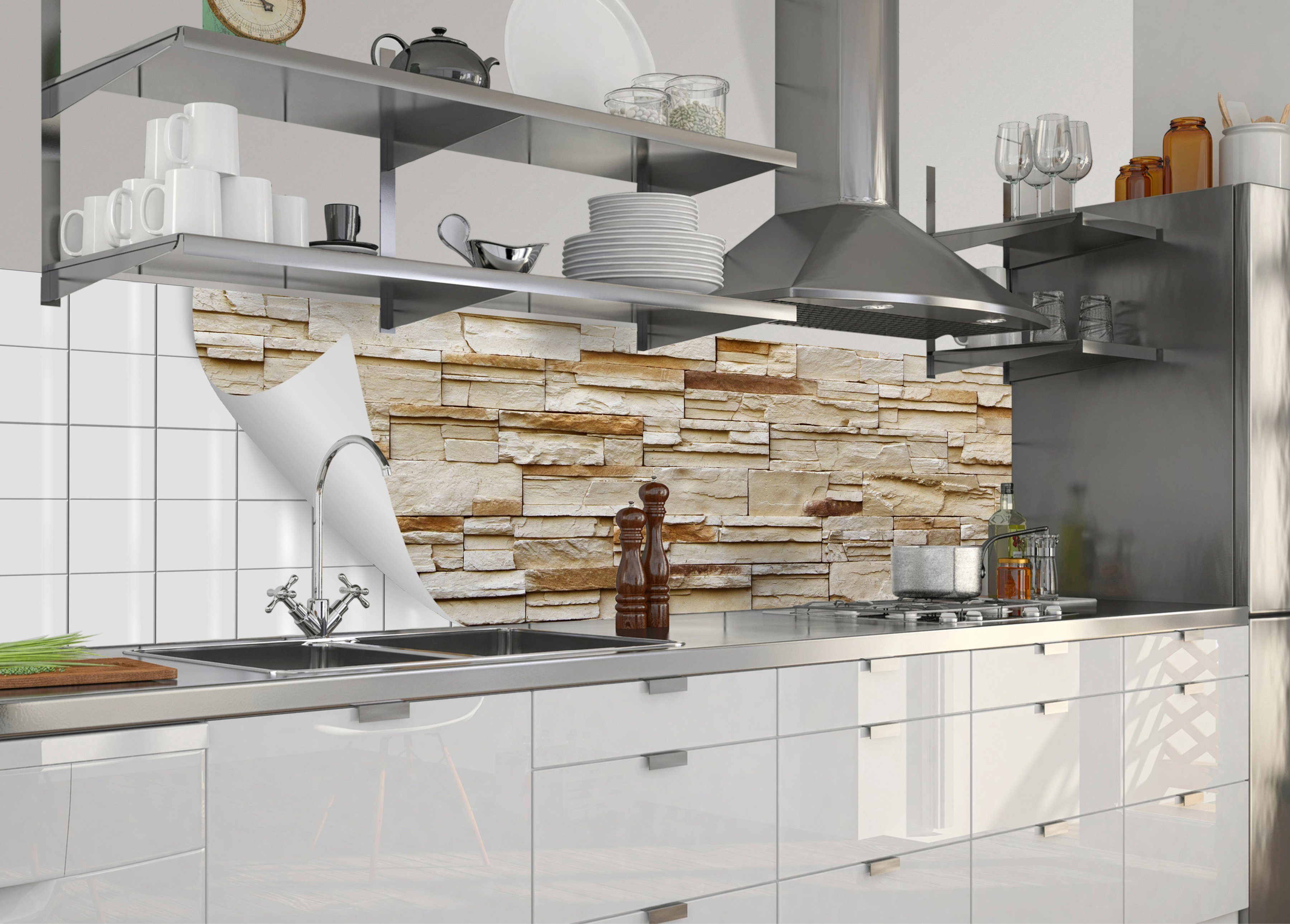 MySpotti Küchenrückwand fixy Rustical grau Bricks, selbstklebende flexible Küchenrückwand-Folie und