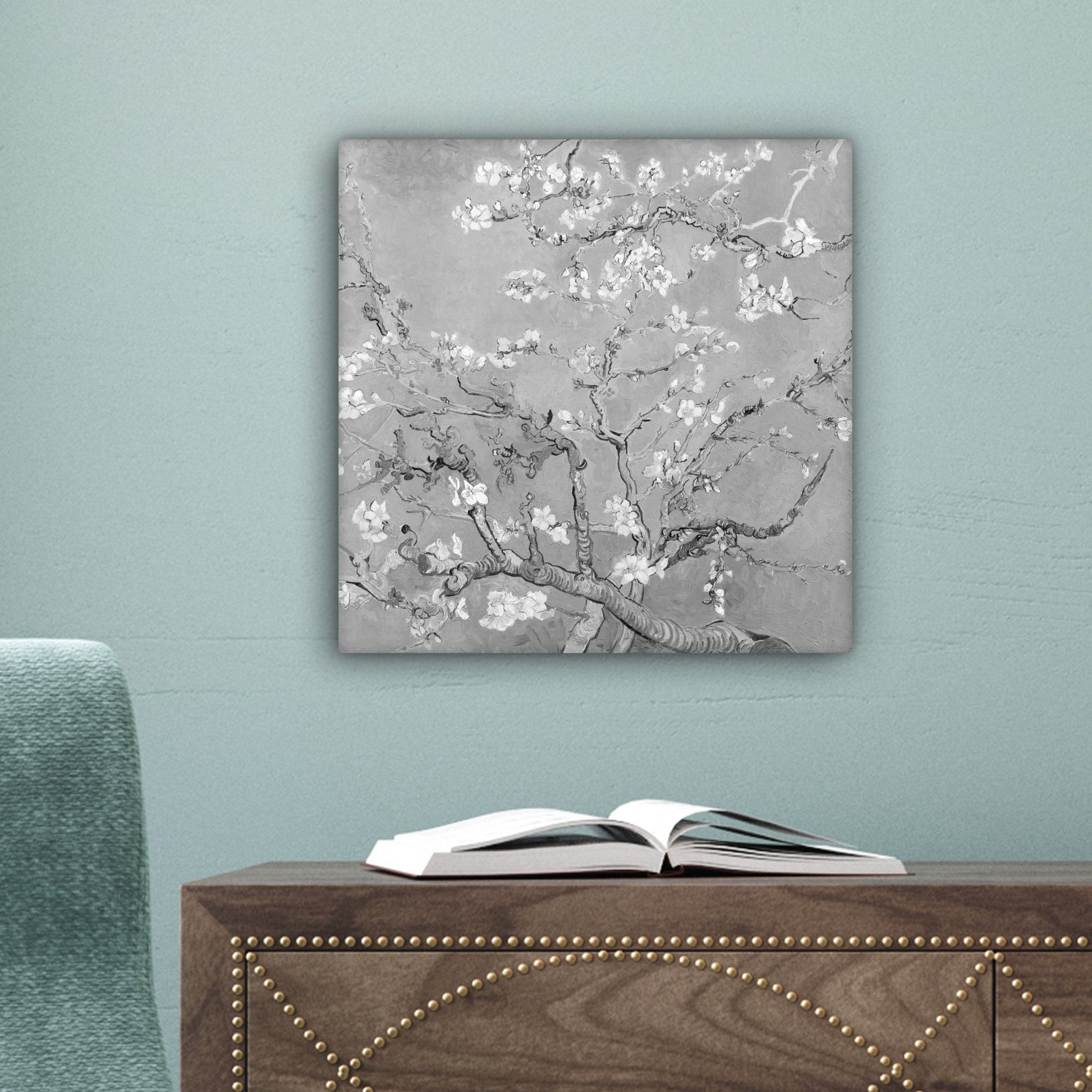 Wohnzimmer St), - Leinwandbild Schlafzimmer, Grau, Kunst für Gogh - 20x20 Leinwand Van OneMillionCanvasses® Mandelblüte - cm Bilder (1