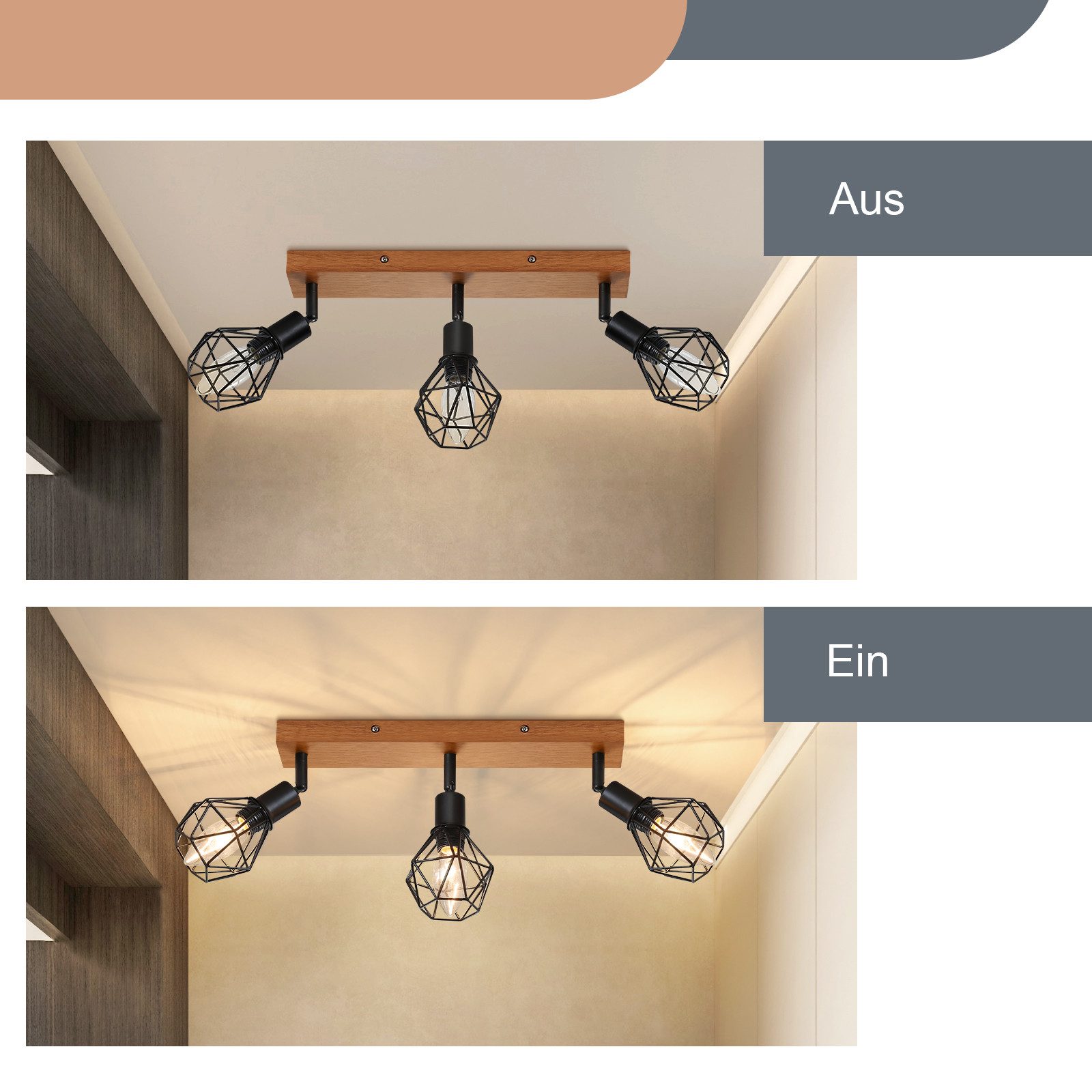ZMH Deckenleuchten Schwarz Deckenspot - E14 Vintage Schwenkbar 350° für Flur Wohnzimmer, Augenschutz, LED wechselbar, Holz Deckenlampe, Schlafzimmer Küche – Bild 2 von 5