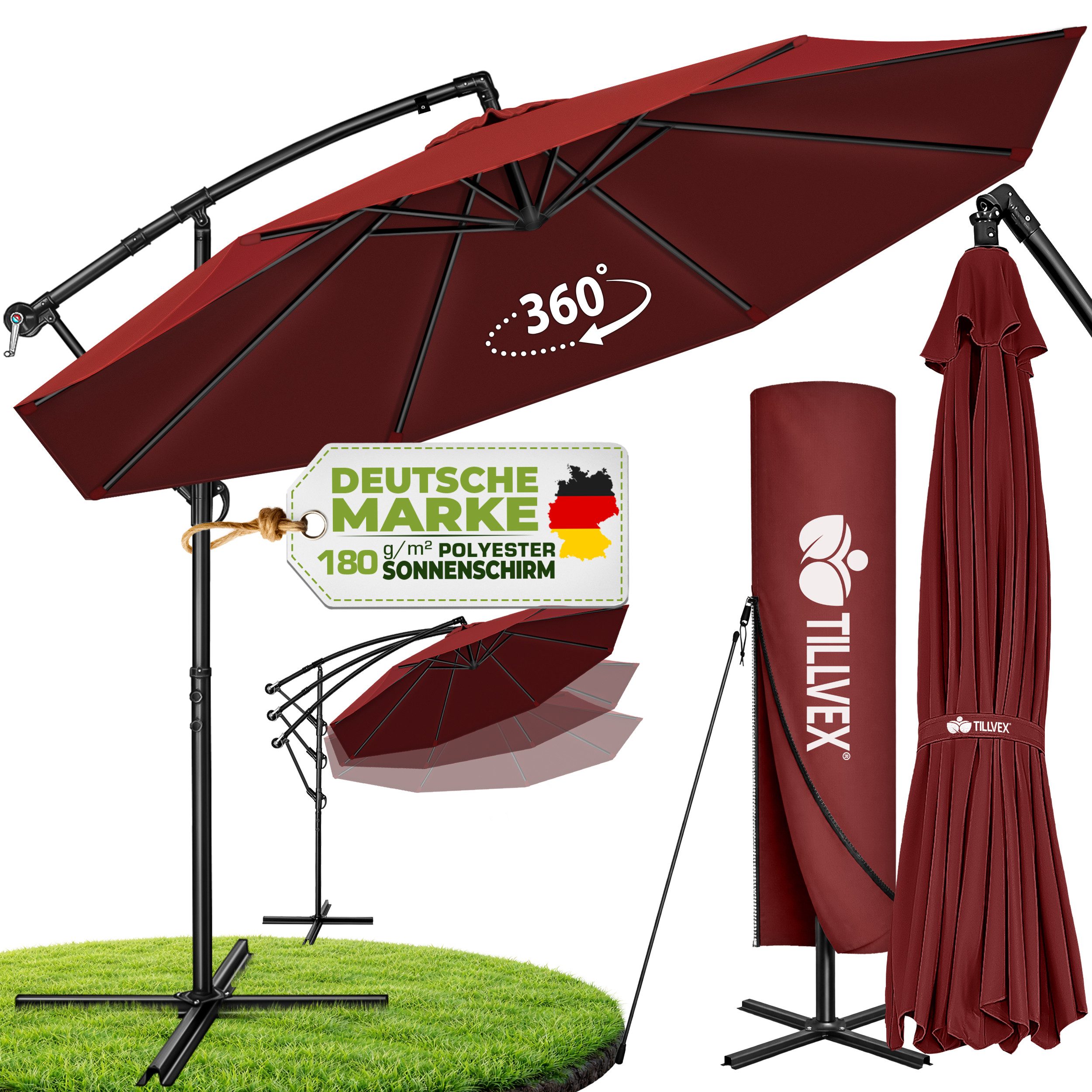 tillvex Sonnenschirm tillvex Sonnenschirm Ø 300 - 350 cm Ampelschirm Gartenschirm Marktschi, Alu Sonnenschirm + Abdeckung Ø 350 cm mit Kurbel, Gartenschirm UV-Schutz Aluminium, Kurbelschirm Marktschirm wasserdicht 360° drehbar