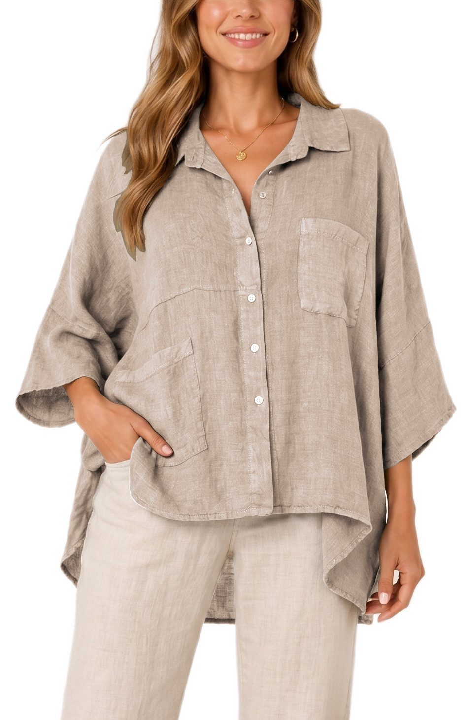dy_mode Hemdbluse Damen Leinenbluse Oversize Hemdbluse Kurzarm Tunika Vokuhila in Unifarben, Oversized Optik, Vokuhila-Schnitt
