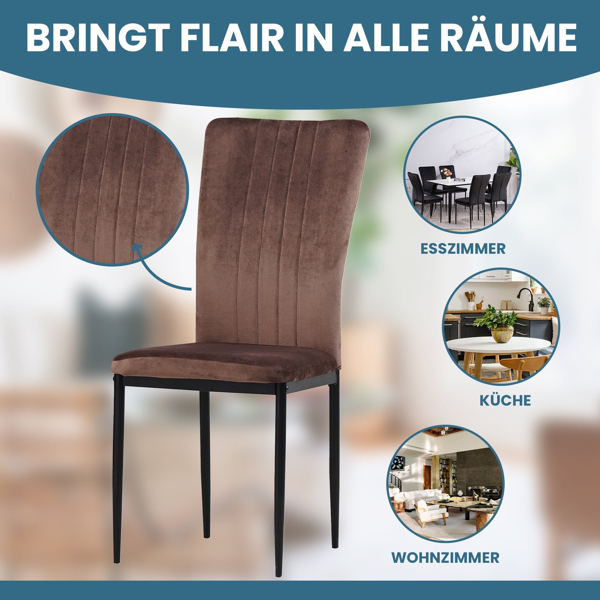 Albatros International Esszimmerstuhl Esszimmer Stühle 4 er Set MODENA, Stuhl Stühle Esszimmerstühle, Küche (6er Set, Braun, Samt Bezug), Küchenstuhl Küchenstüh – Bild 4 von 5