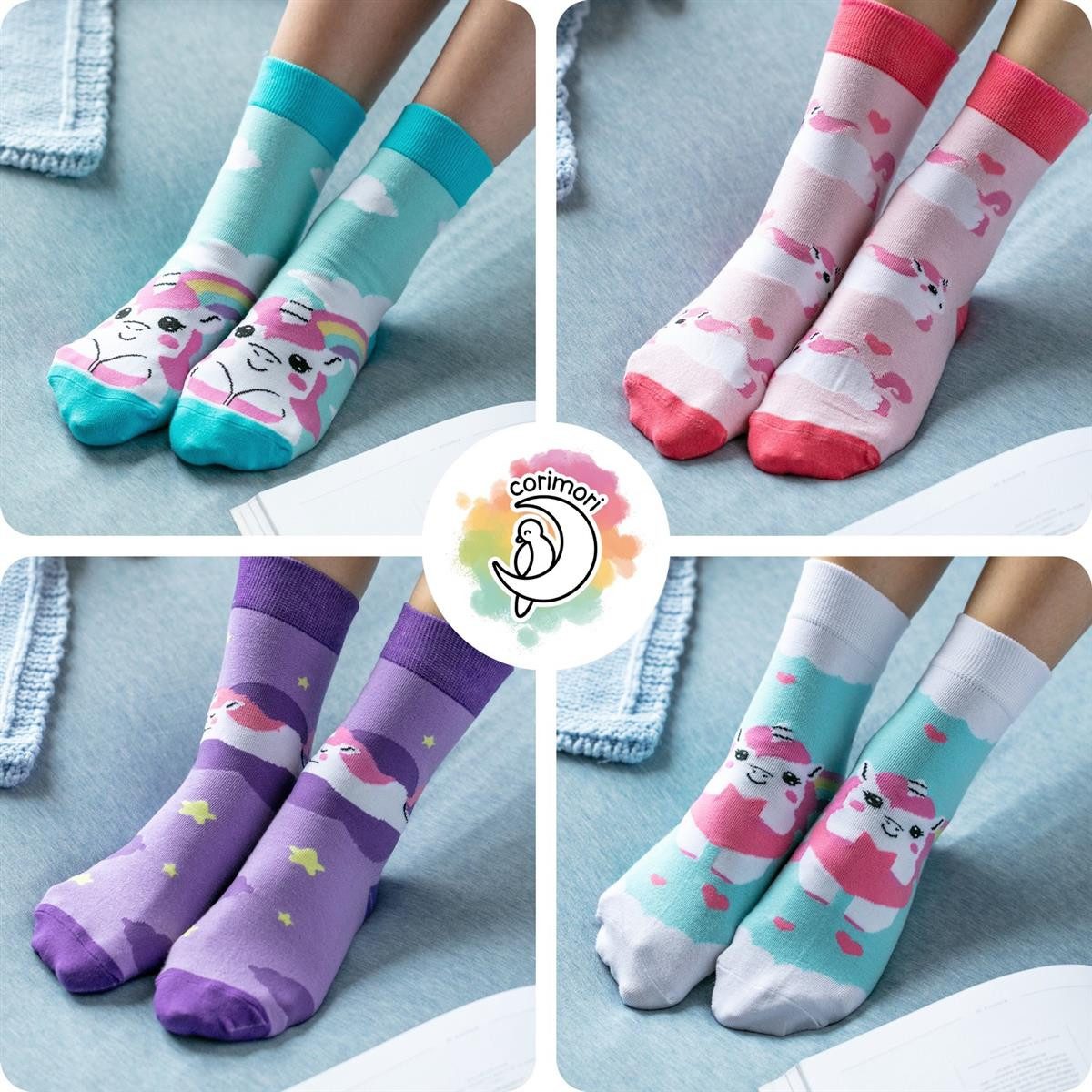 Corimori Haussocken Witzige Einhorn Baumwolle Socken 4er Set Geschenk-Box Unicorn Anime (Packung, 4-Paar, Geschenk) Einheitsgröße 36-44, Kawaii Strümpfe, plastikfreie Geschenkverpackung