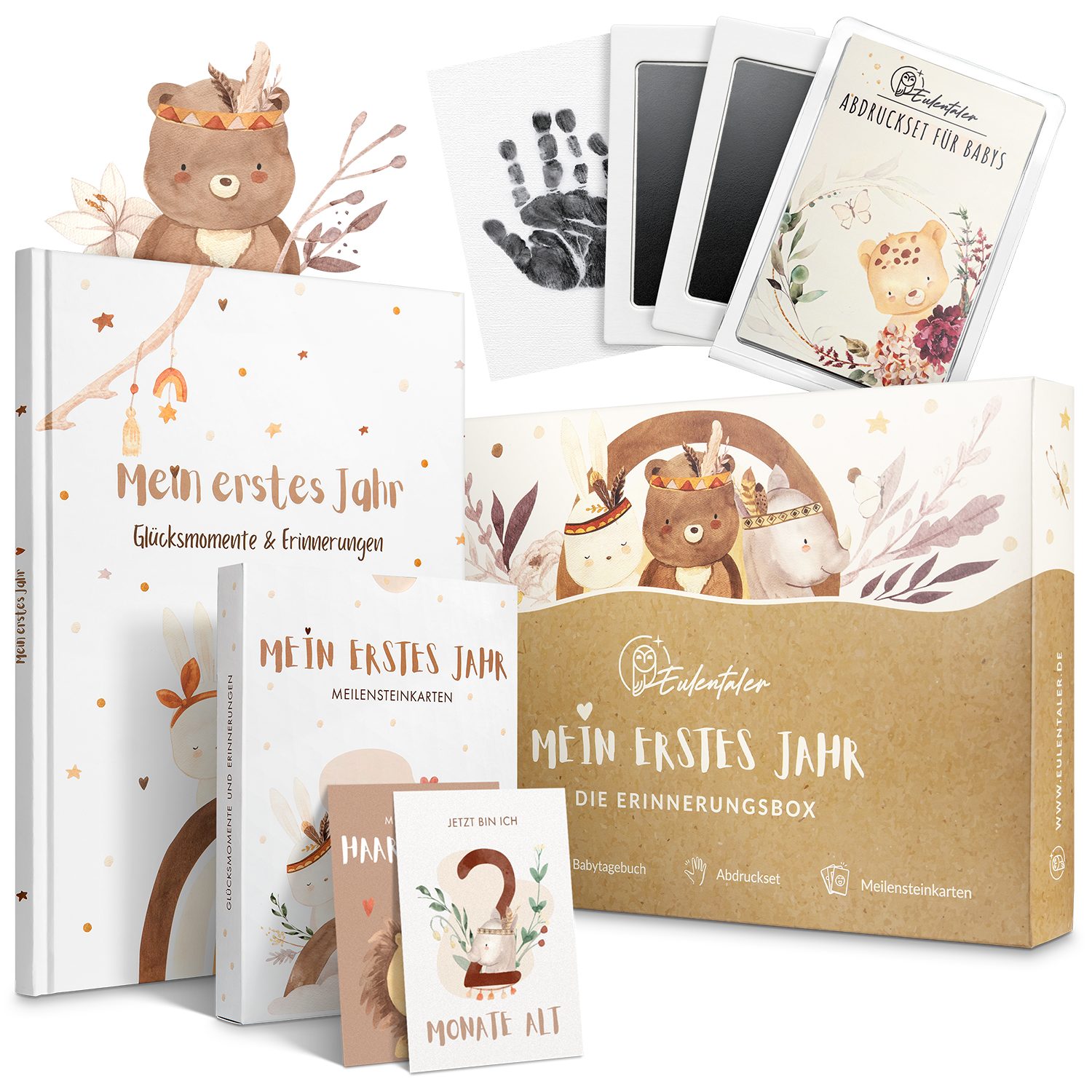 Eulentaler Tagebuch I Die Erinnerungsbox I Mein erstes Jahr I Von Pädagogen gestaltet, I Babytagebuch, 48 Meilensteinkarten & Baby Abdruckset