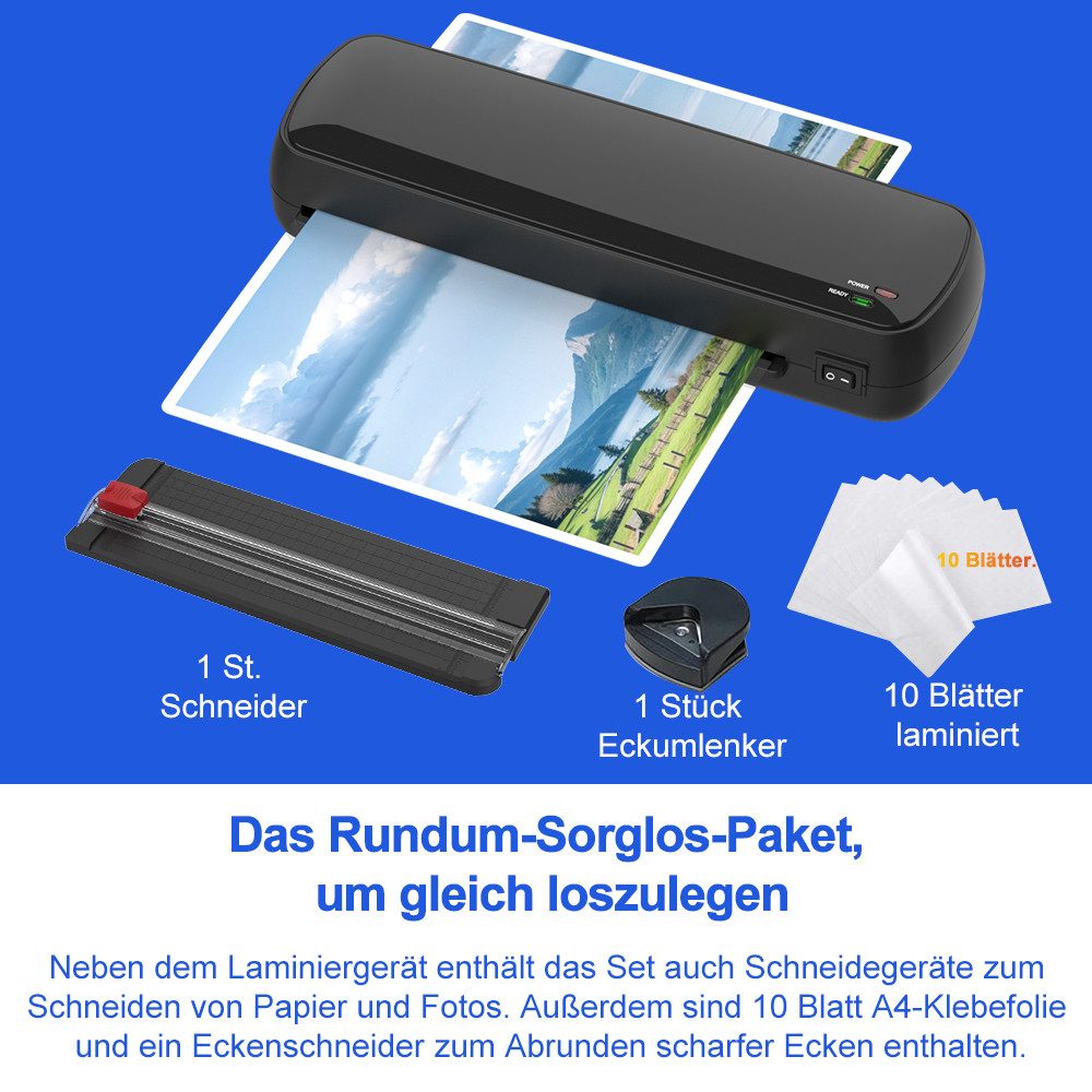 WHEELYOU Laminiergerät Laminiergerät mit 10 Laminierfolien, A4, Heiß- & Kaltlaminierer, Schnelles Aufheizen, 9 Zoll Laminiermaschine für Büro und Schule