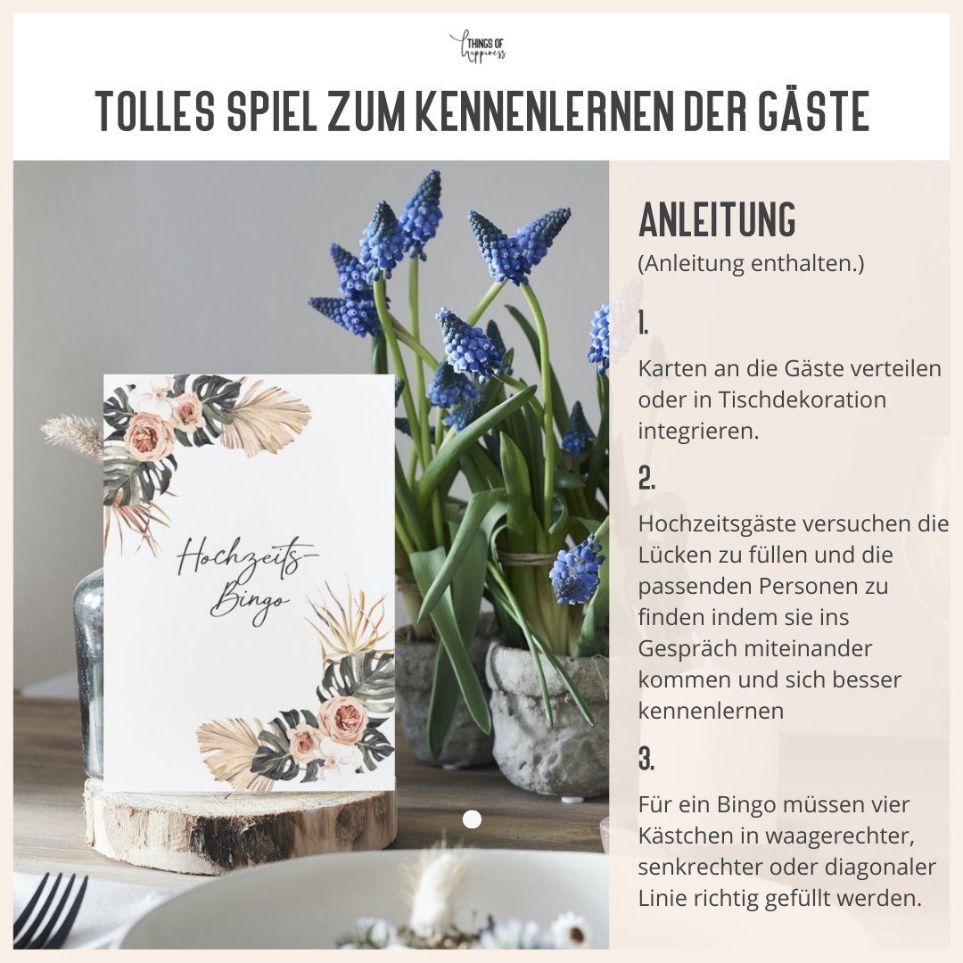 Things of Happiness Spiel Hochzeitsspiel Bingo, Hochzeitsbingo, Spiel Gäste Hochzeit, Kennenlernspiel Hochzeit, 50 Karten