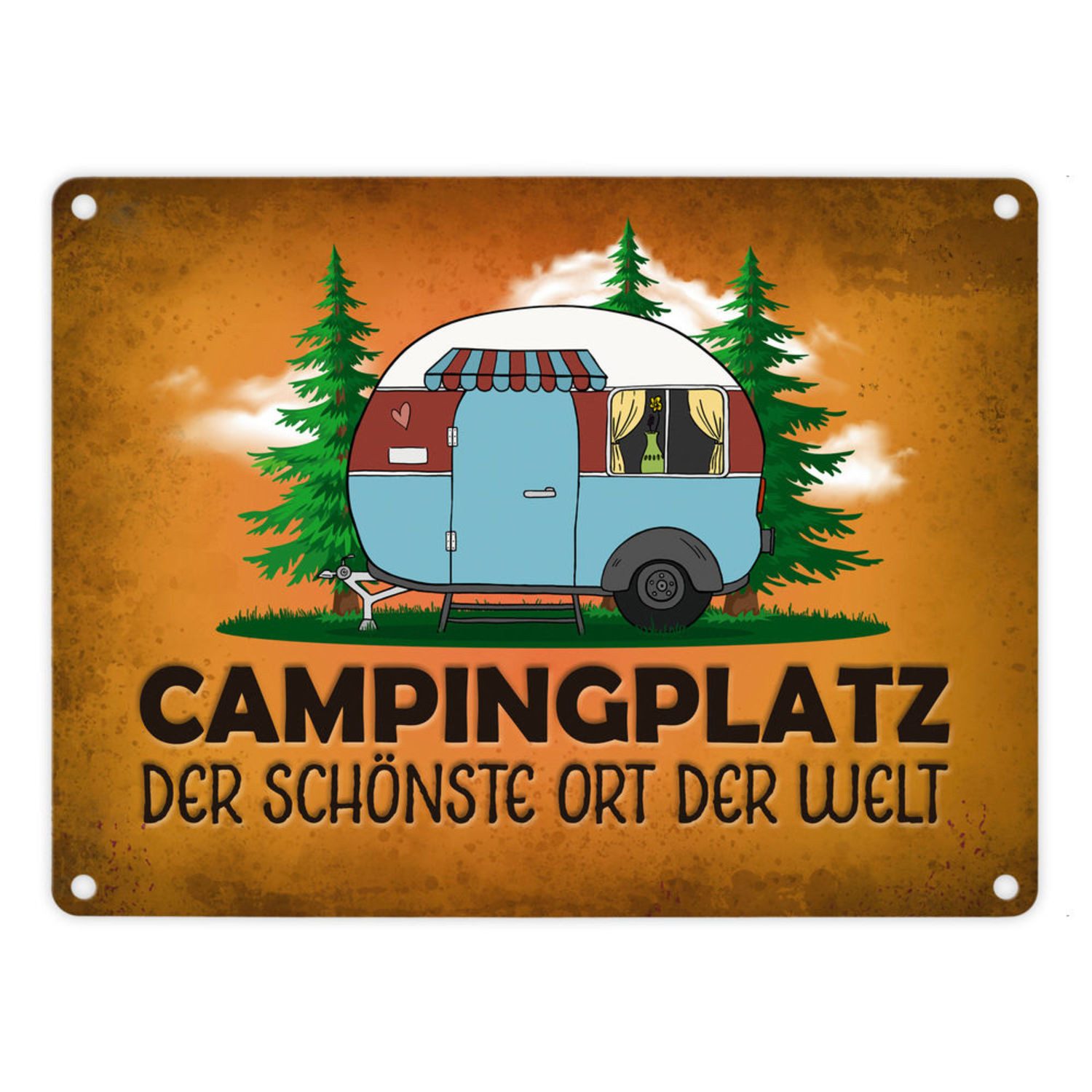 Metallschild Campingplatz Metallschild in orange mit Wohnwagen Motiv Wohnmobil