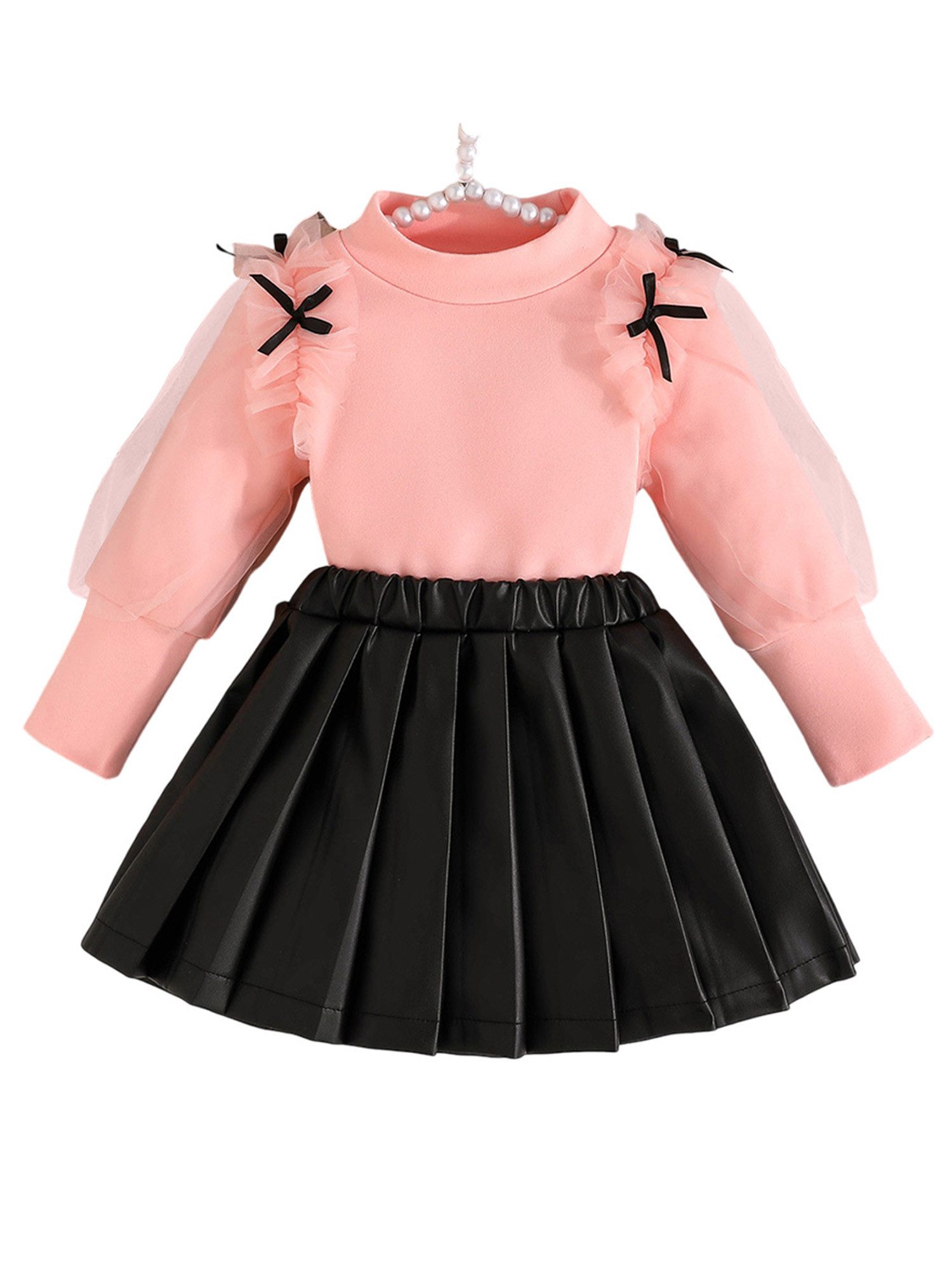 Lapastyle Shirt & Rock Langärmeliges Outfit für Babys, Oberteil aus Mesh-Patchwork, PU-Rock (Set, 2-tlg) Baby Kleinkind-Outfit mit Puffärmeln, für Partys, Geburtstage