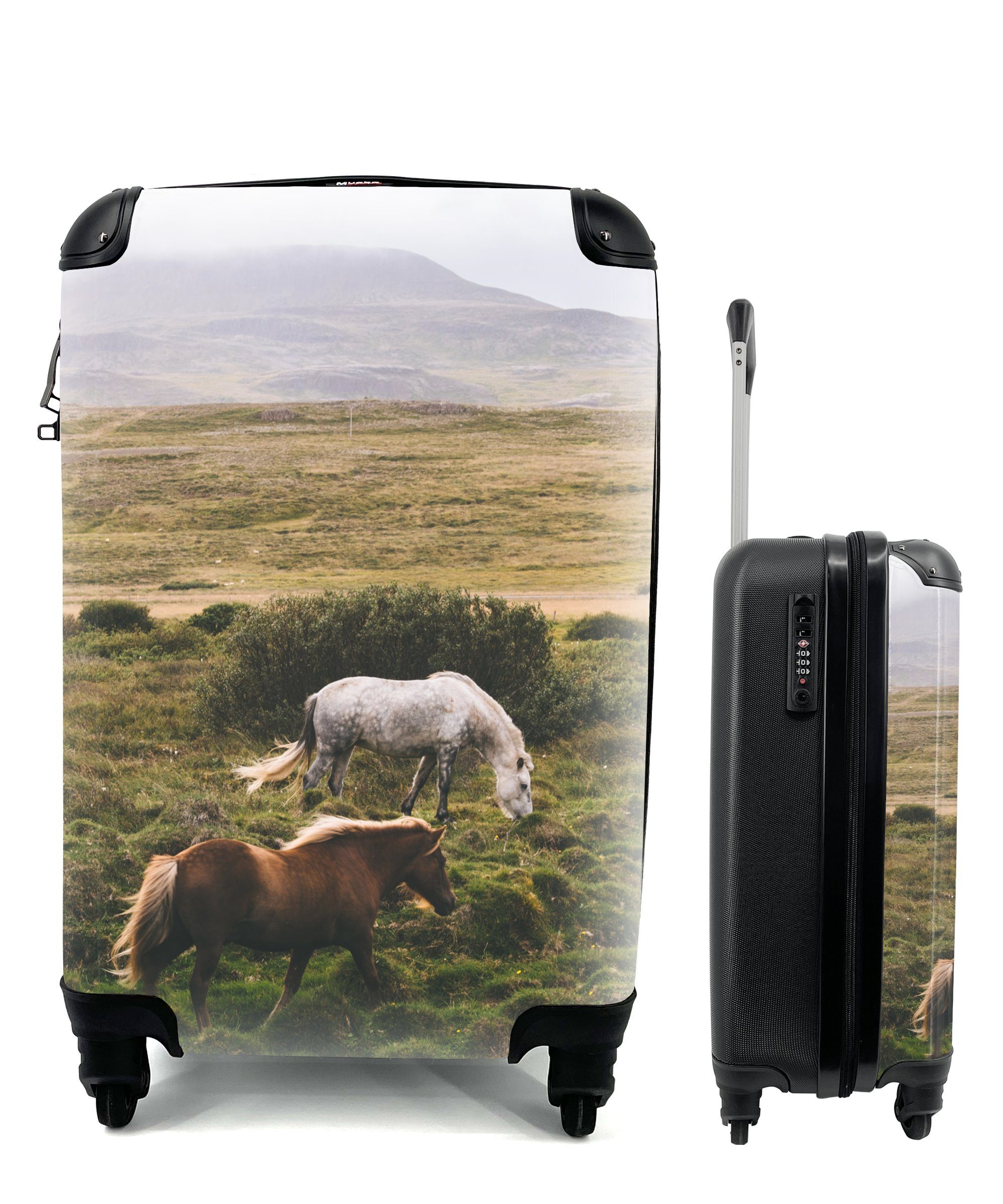 MuchoWow Handgepäckkoffer Pferde - Gras - Weiß, 4 Rollen, Reisetasche mit rollen, Handgepäck für Ferien, Trolley, Reisekoffer