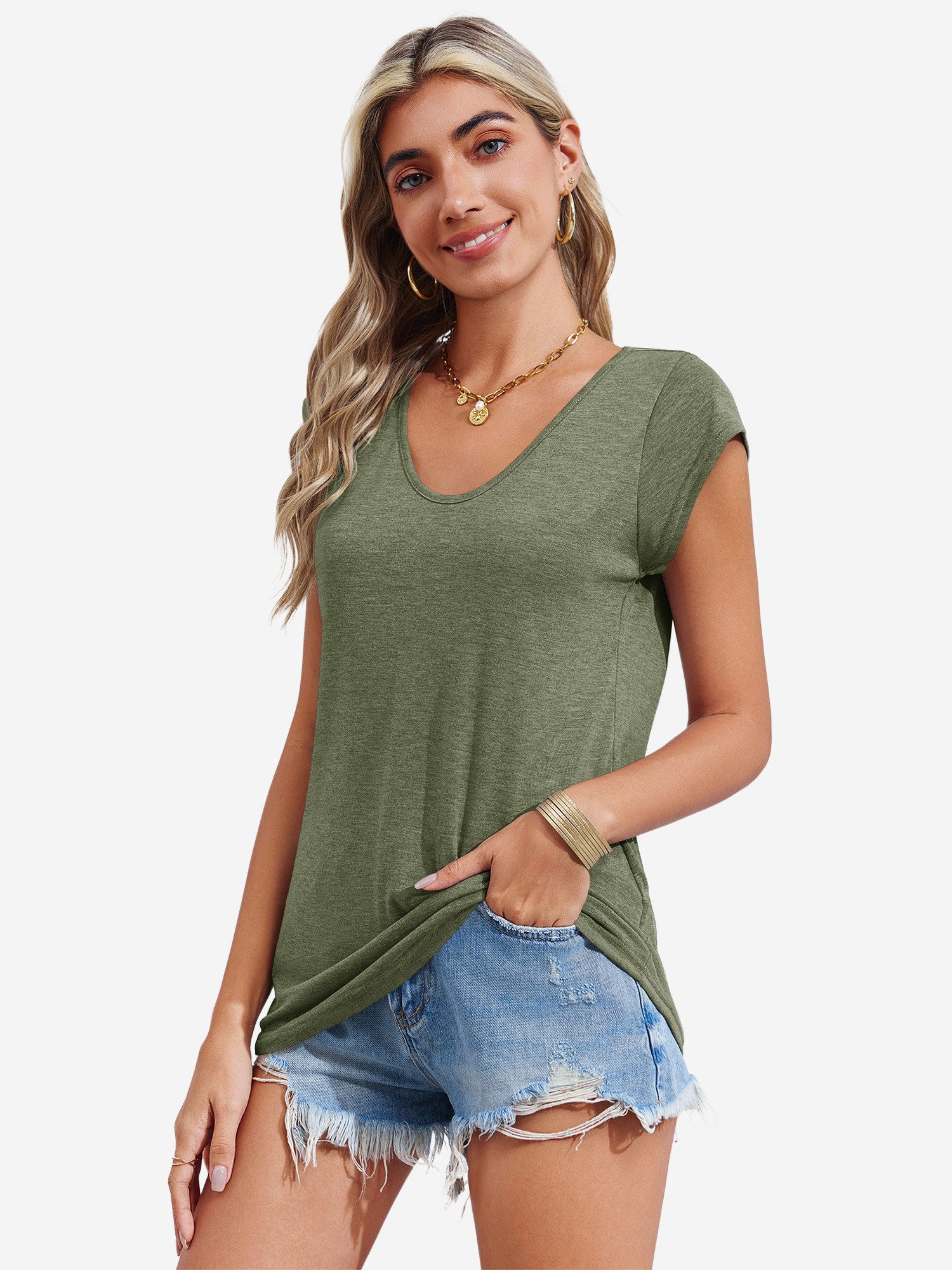 Imily Bela T-Shirt Damen Lässige Basic Tops mit lockerer Passform (Packung, 1-tlg., 1per-Pack) einfarbig