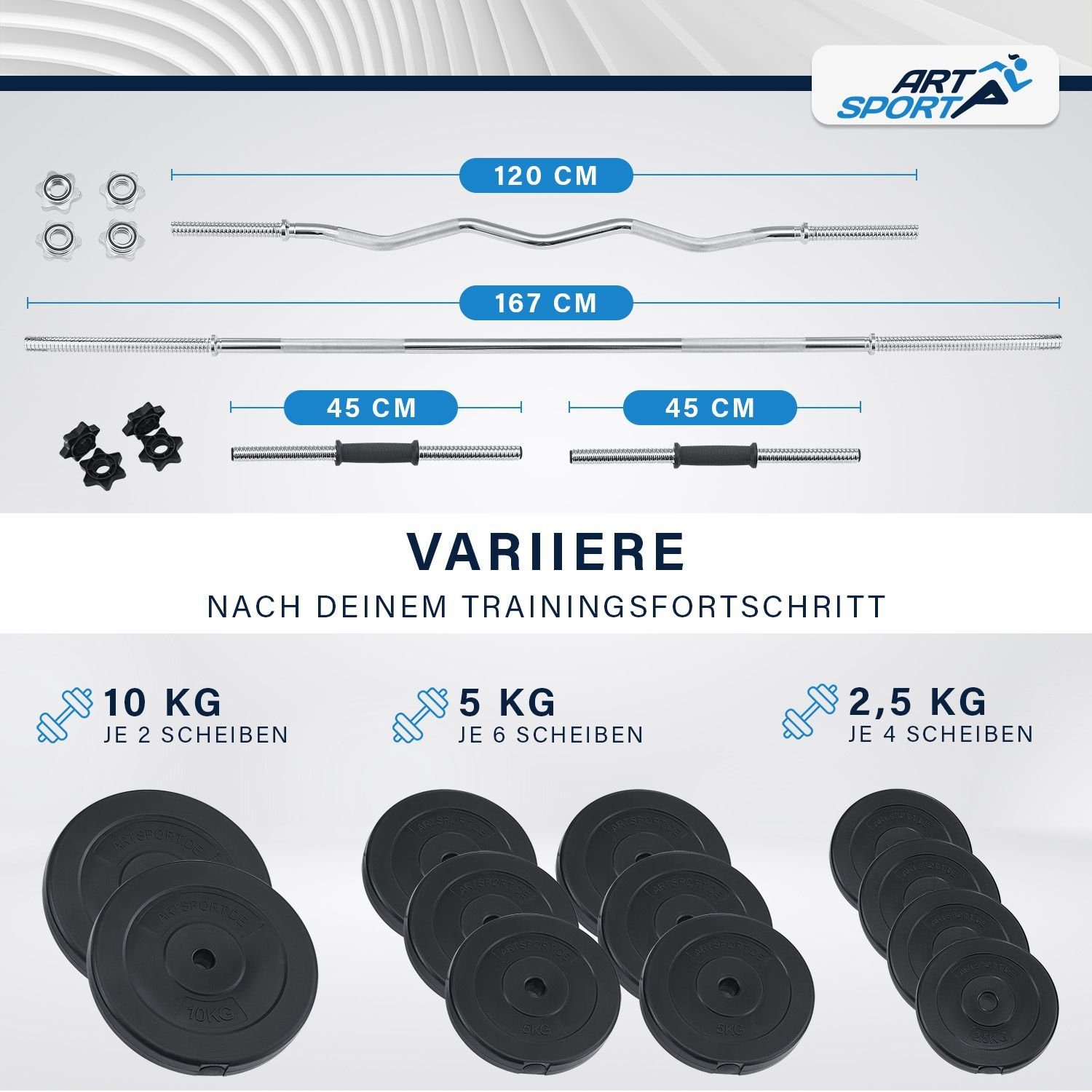 ArtSport Hantel-Set 3in1, Komplettset, 60 kg Gewichte, rutschfeste Griffe, Sternverschlüsse