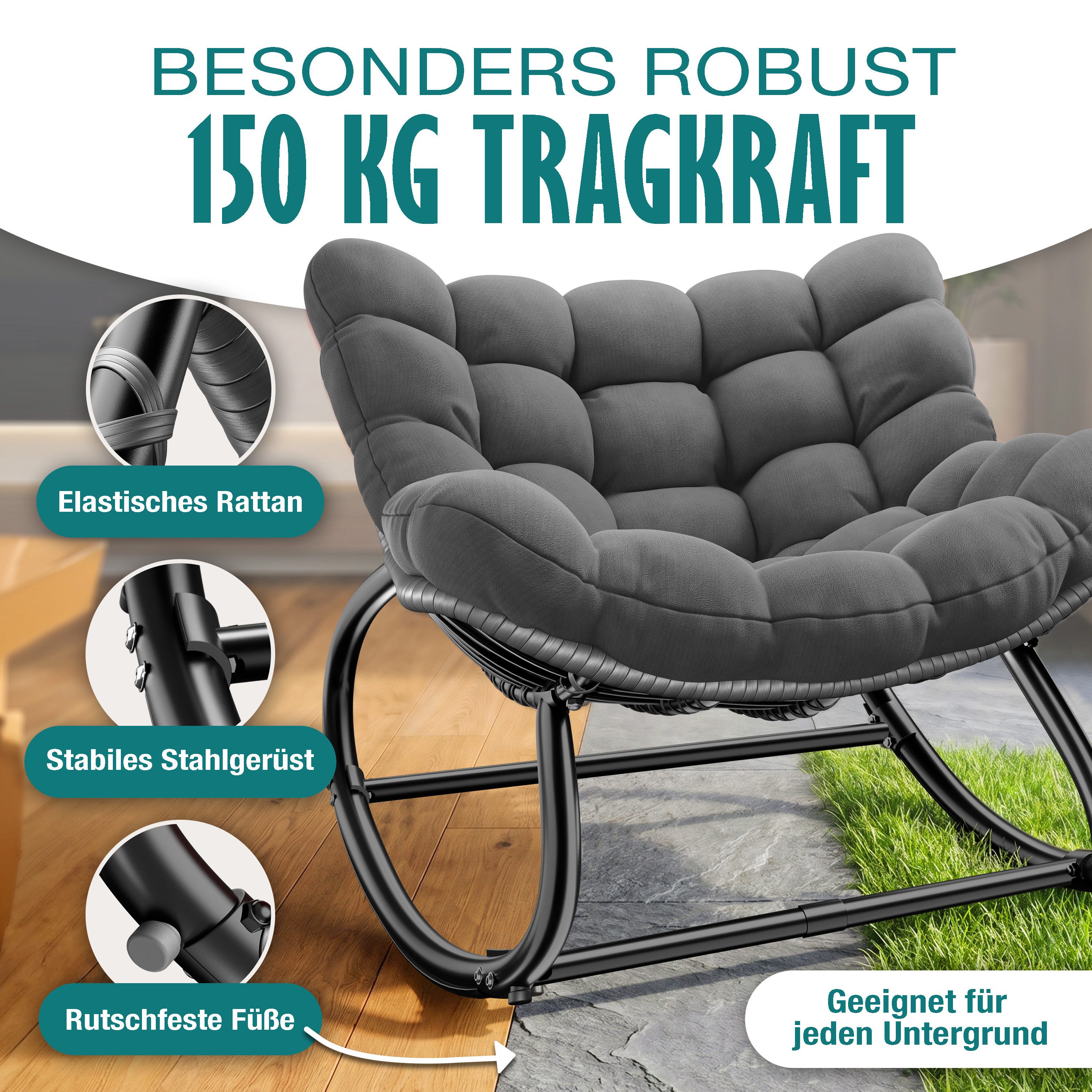 KESSER Schaukelstuhl (maximale Belastung 120kg, witterungsbeständig & mit rutschfesten Füßen), Loungesessel ergonomisches Relaxsessel für Balkon, Garten & Wohnz – Bild 5 von 5