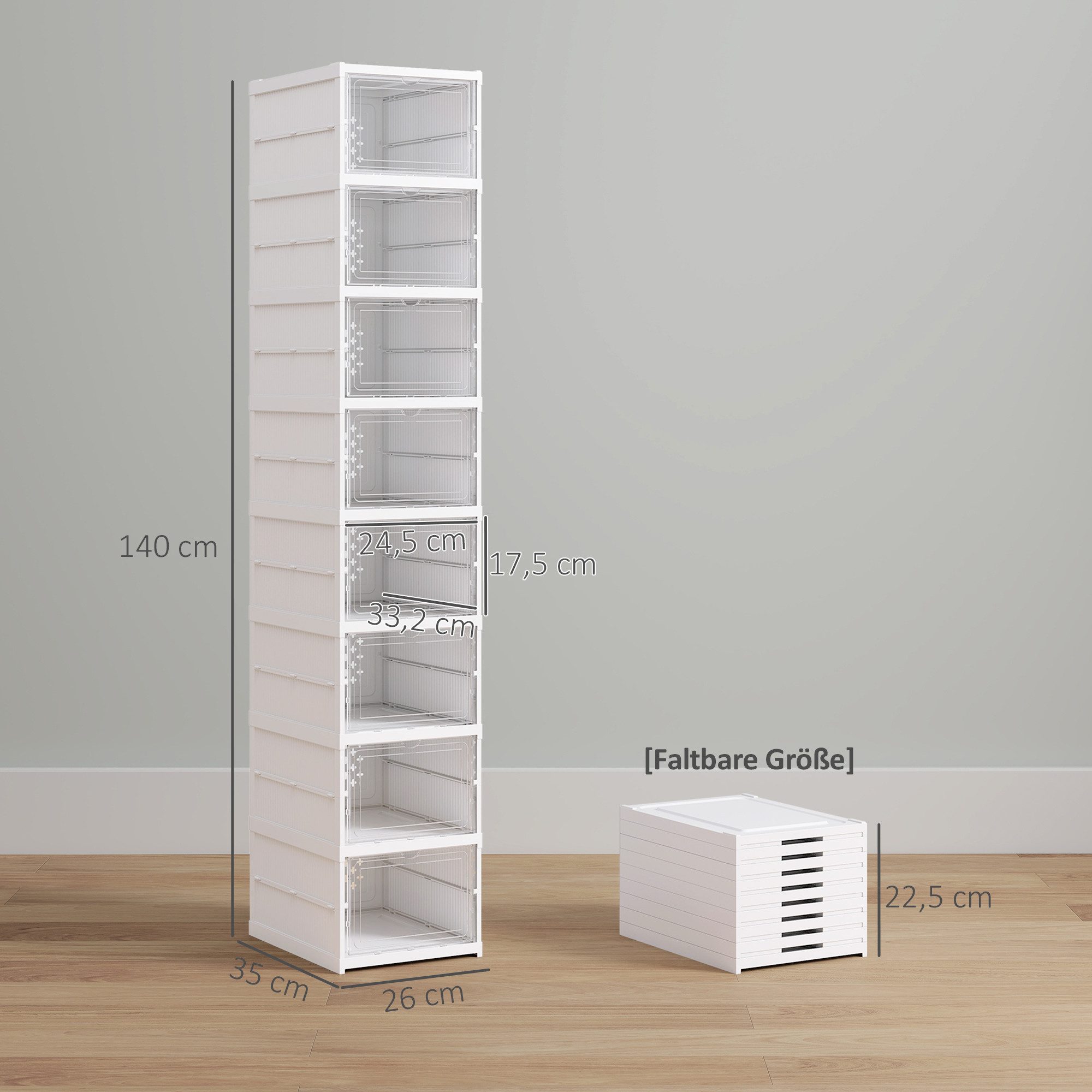 HOMCOM Schuhbox 8 Stück stapelbare und faltbare Schuh-Organizer, platzsparend (Platzsparend Schuhaufbewahrung, 8 St., Stapelbare und Faltbar Schuh-Organizer), faltbar, transparent, 8-stufig