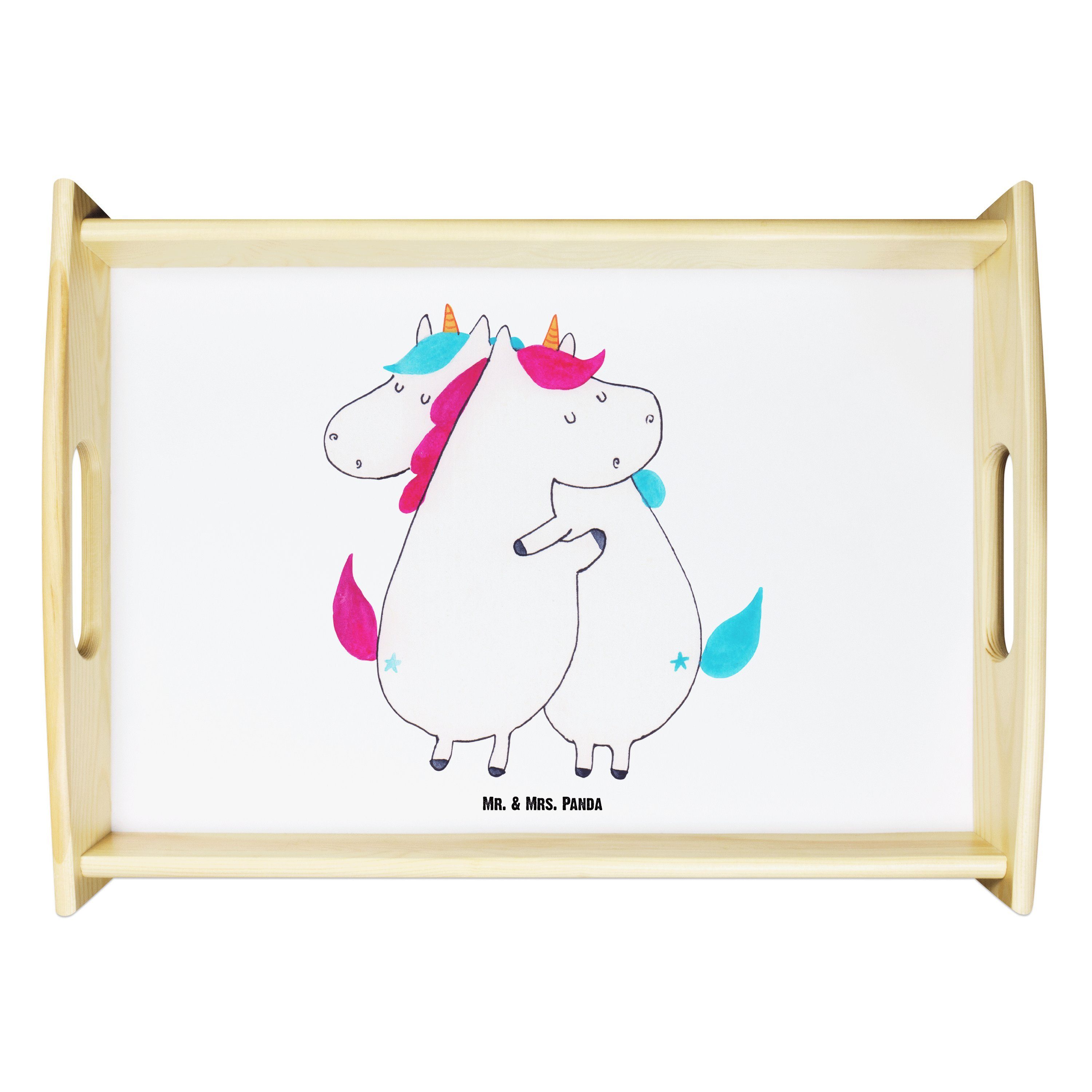 Mr. & Mrs. Panda Tablett Unicorn, lasiert, - Echtholz Weiß - Holztablet, Umarmen Dekotablett, Einhörner (1-tlg) Geschenk