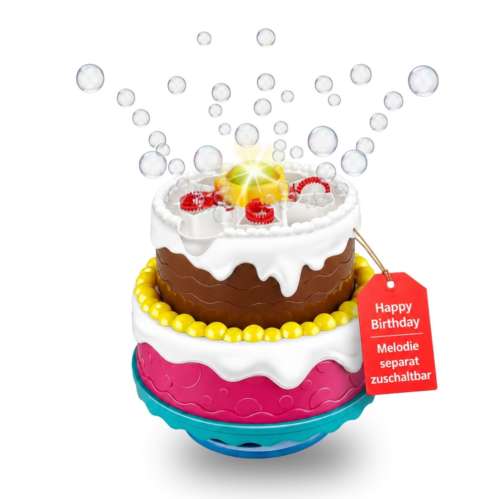 alldoro Seifenblasenmaschine Seifenblasen-Maschine Torte mit LED-Licht & Happy Birthday Lied, Bunte Seifenblasenkanone für Geburtstag, Hochzeit & Party