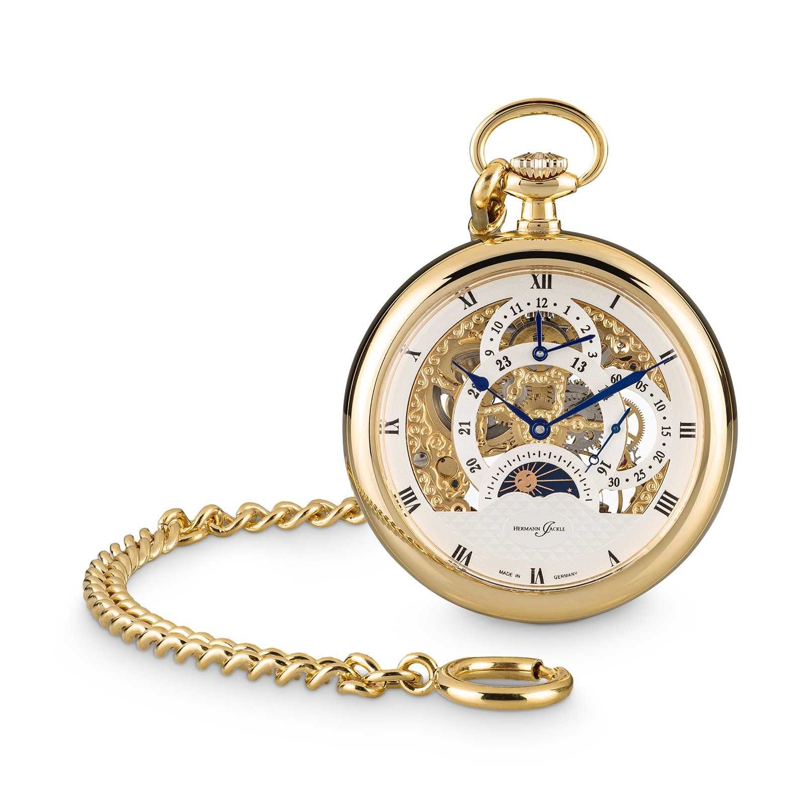 Hermann Jäckle Taschenuhr "Tuttlingen" Vergoldet, Skelettuhr, Handaufzug, 50 mm, Mineralglas, mit Kette & Reiseetui – Made in Germany